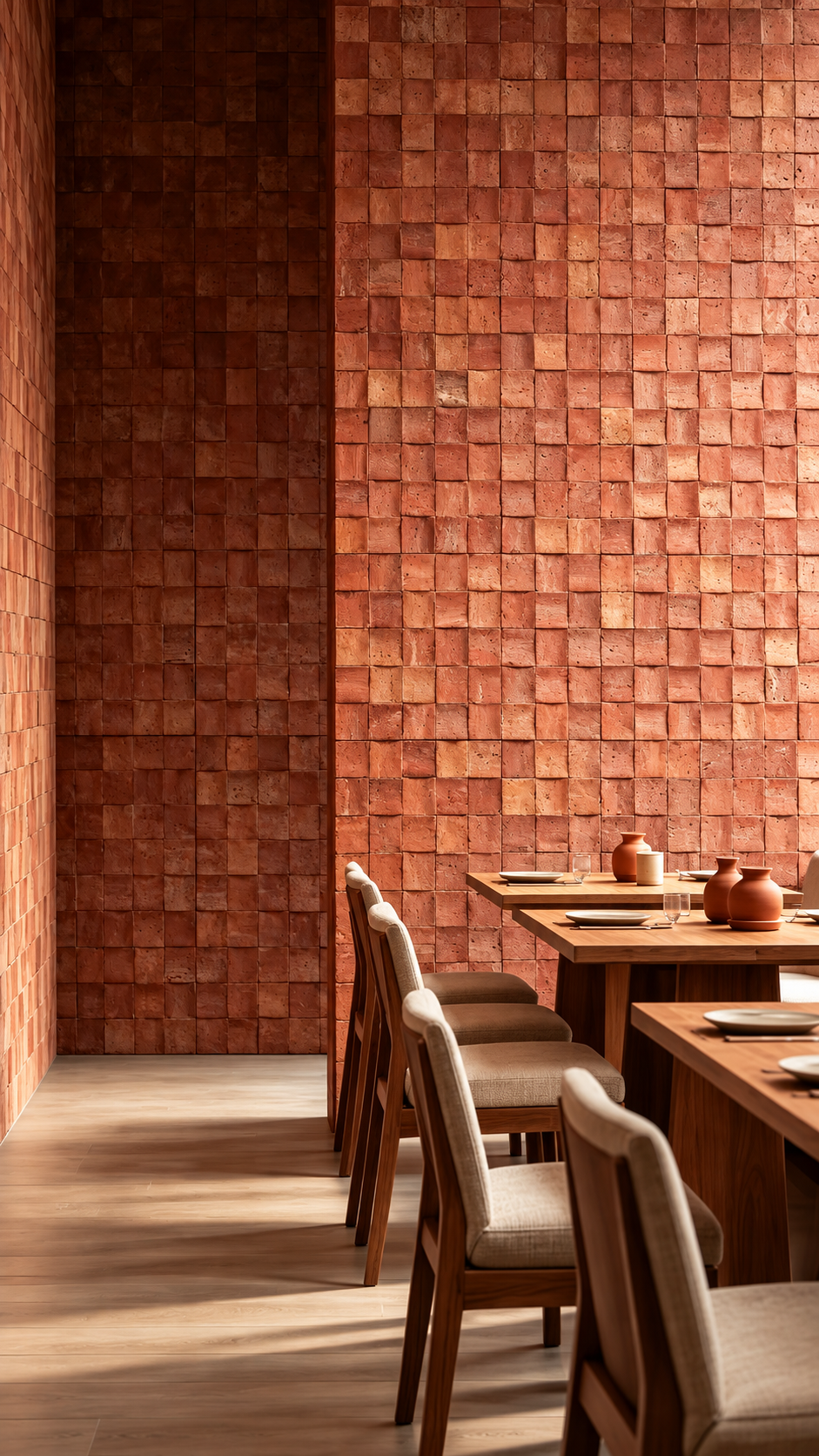 A warm, rustic dining room corner with terracotta tile walls, wooden tables, and upholstered chairs in soft beige tones.