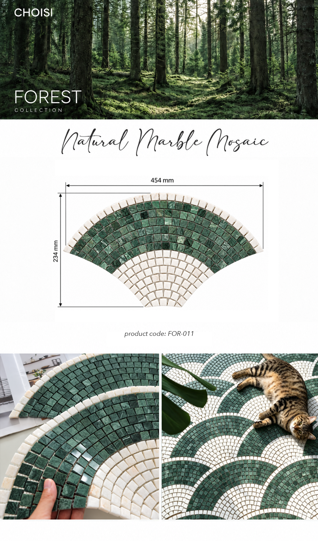 A product collage for Choisi Forest Collection Natural Marble Mosaic tile. The top section shows a forest photo with the text 'FOREST COLLECTION' and 'Natural Marble Mosaic'.