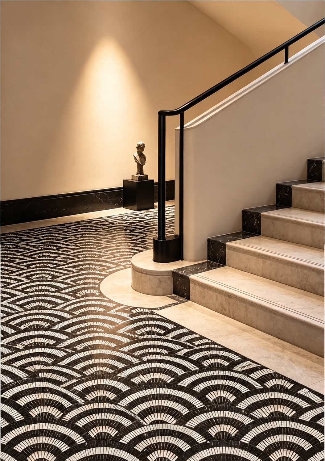 An elegant interior staircase with light beige stone steps, a black metal handrail, and a dramatic black-and-white scallop pattern tile floor under warm spotlighting.
