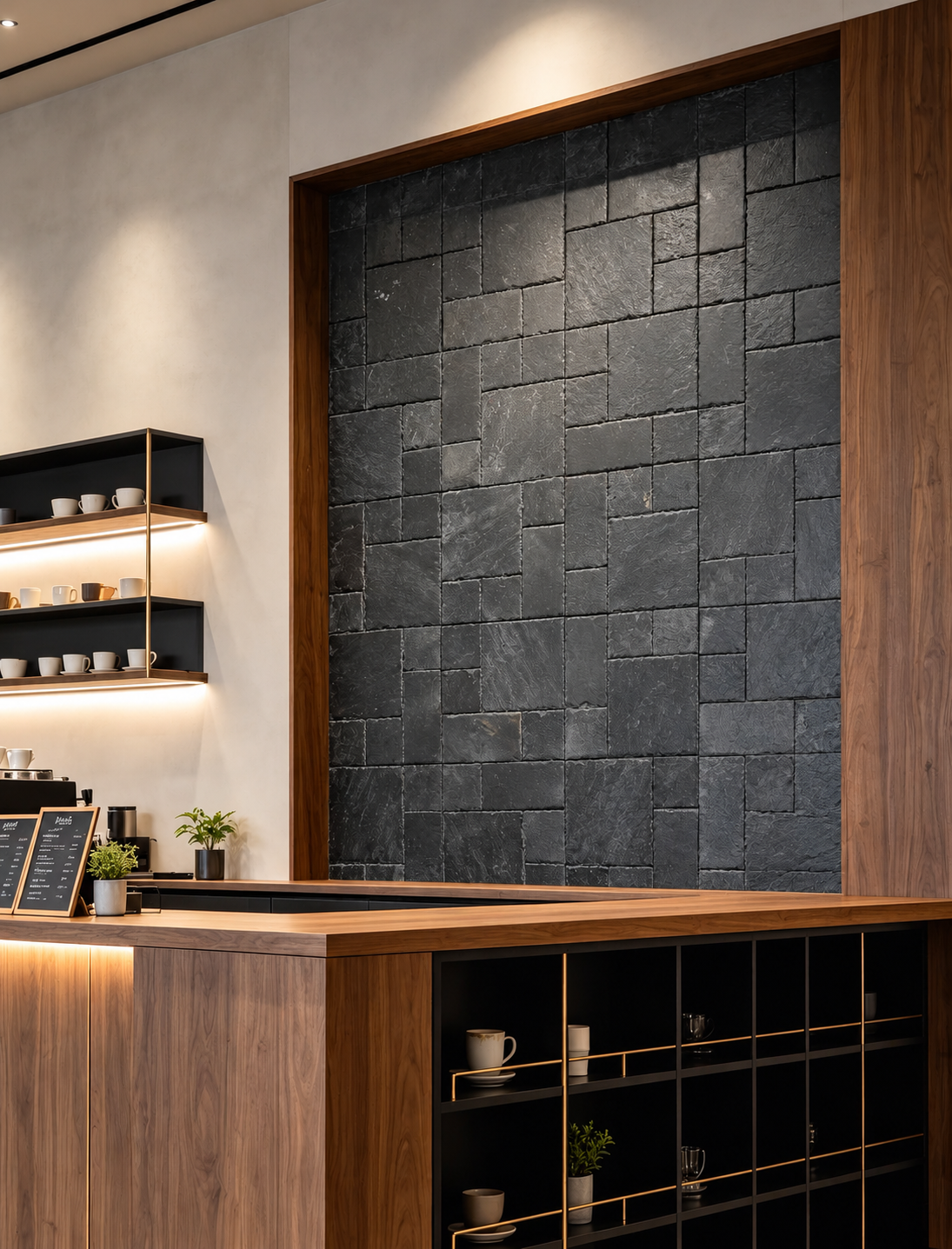 A modern kitchen or bar interior featuring a large dark slate stone accent wall framed by warm wood trim, with a wooden counter, black shelving, and small tabletop plants.