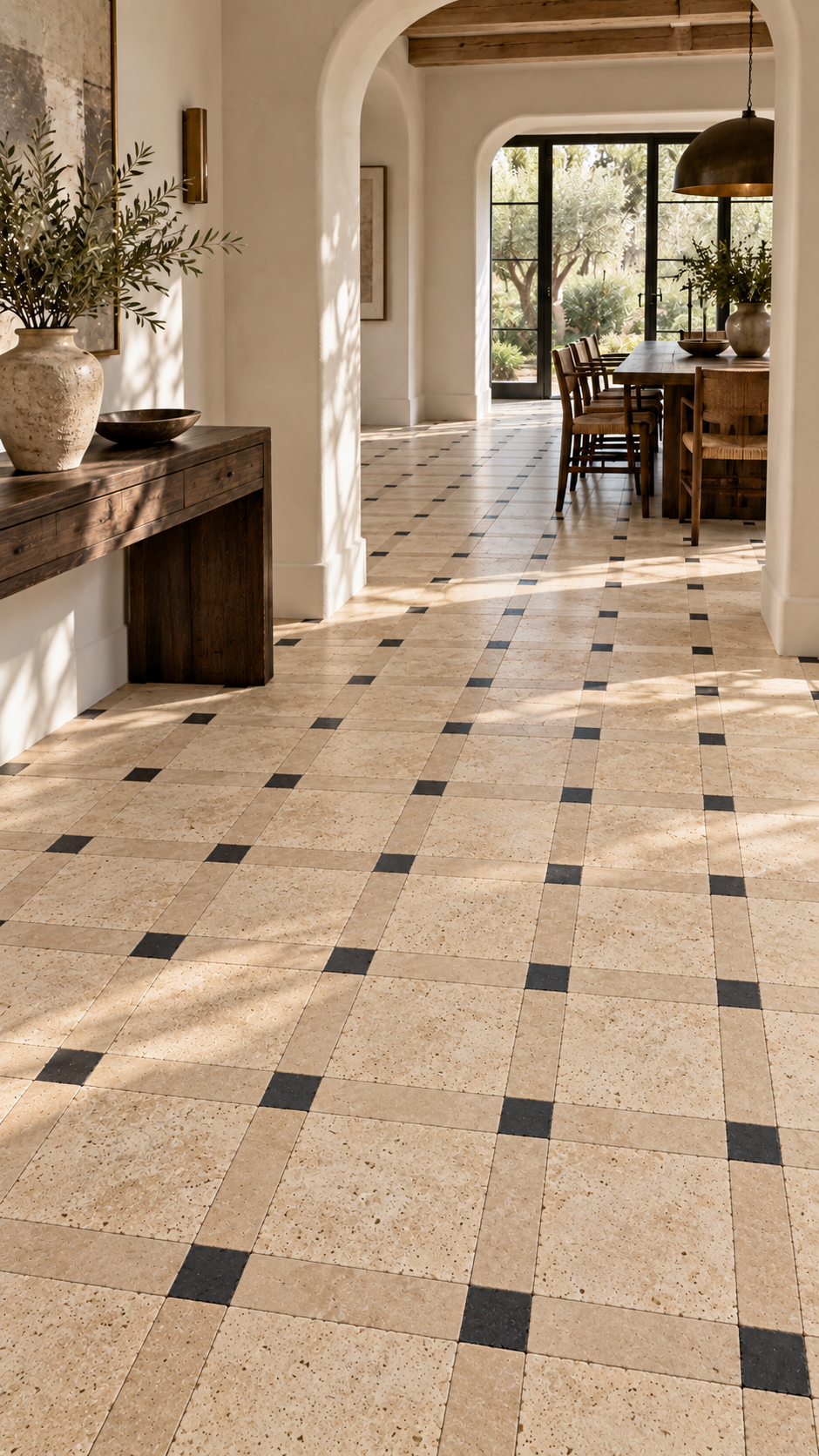 A long interior hallway with beige stone-look floor tiles arranged in a checkerboard pattern with black square accents. The space features arched doorways, a dark wood console table with a vase of greenery, and a dining area in the background with warm sunlight streaming through large windows.