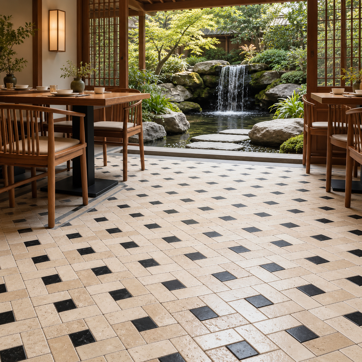 A modern outdoor patio floor made of rectangular beige and black stone tiles, leading to a wooden covered walkway overlooking a serene Japanese garden with a small waterfall and pond.