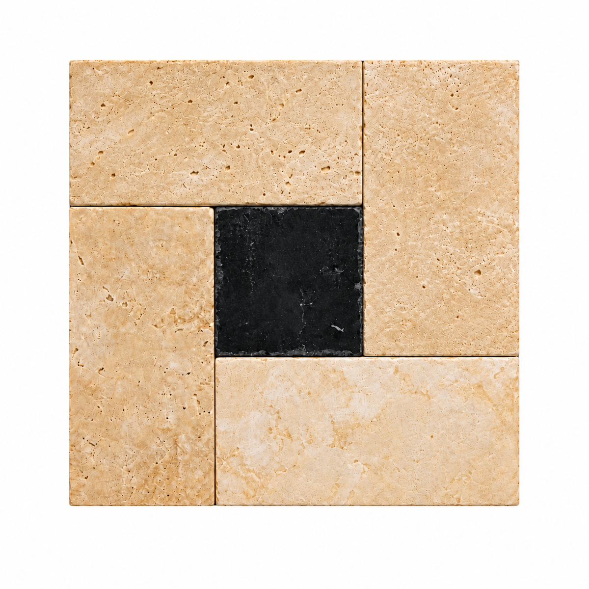 A square tile sample featuring four beige stone tiles arranged in a square with a central black stone tile, shown on a plain white background.