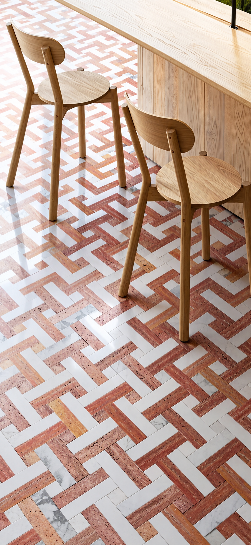 A close-up view of a geometric patterned floor made of reddish-brown and white tiles, with two light wood chairs and part of a wooden table visible in a modern interior setting.