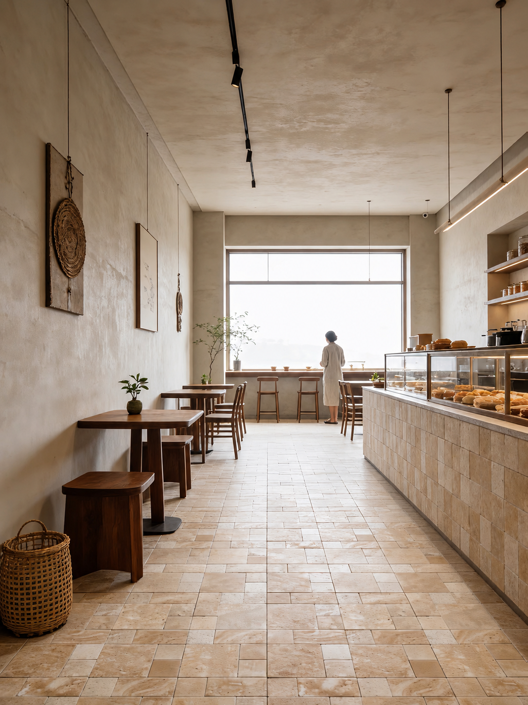 A long, narrow cafe interior with textured beige walls and tiled floor, wooden tables and stools, a glass display case with pastries, and a person standing near a large bright window at the far end.