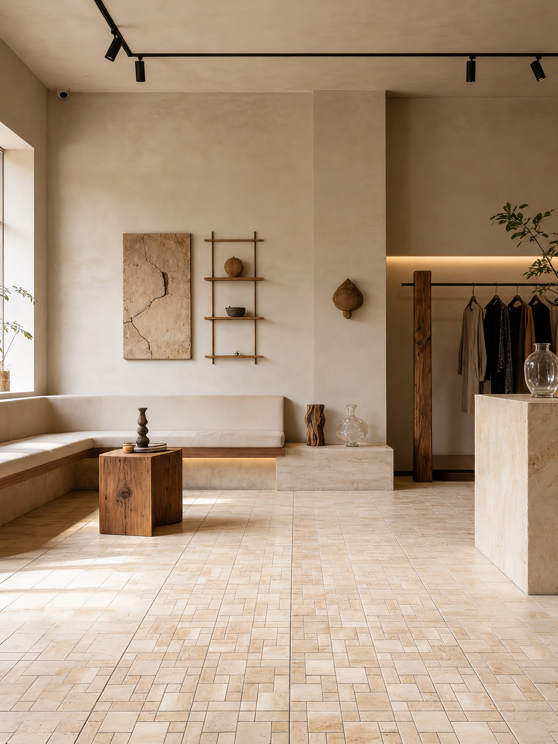 A minimalist interior space with warm beige plaster walls, a light beige tiled floor, a built-in bench by a window, wooden shelving, and a clothing rack in the background.