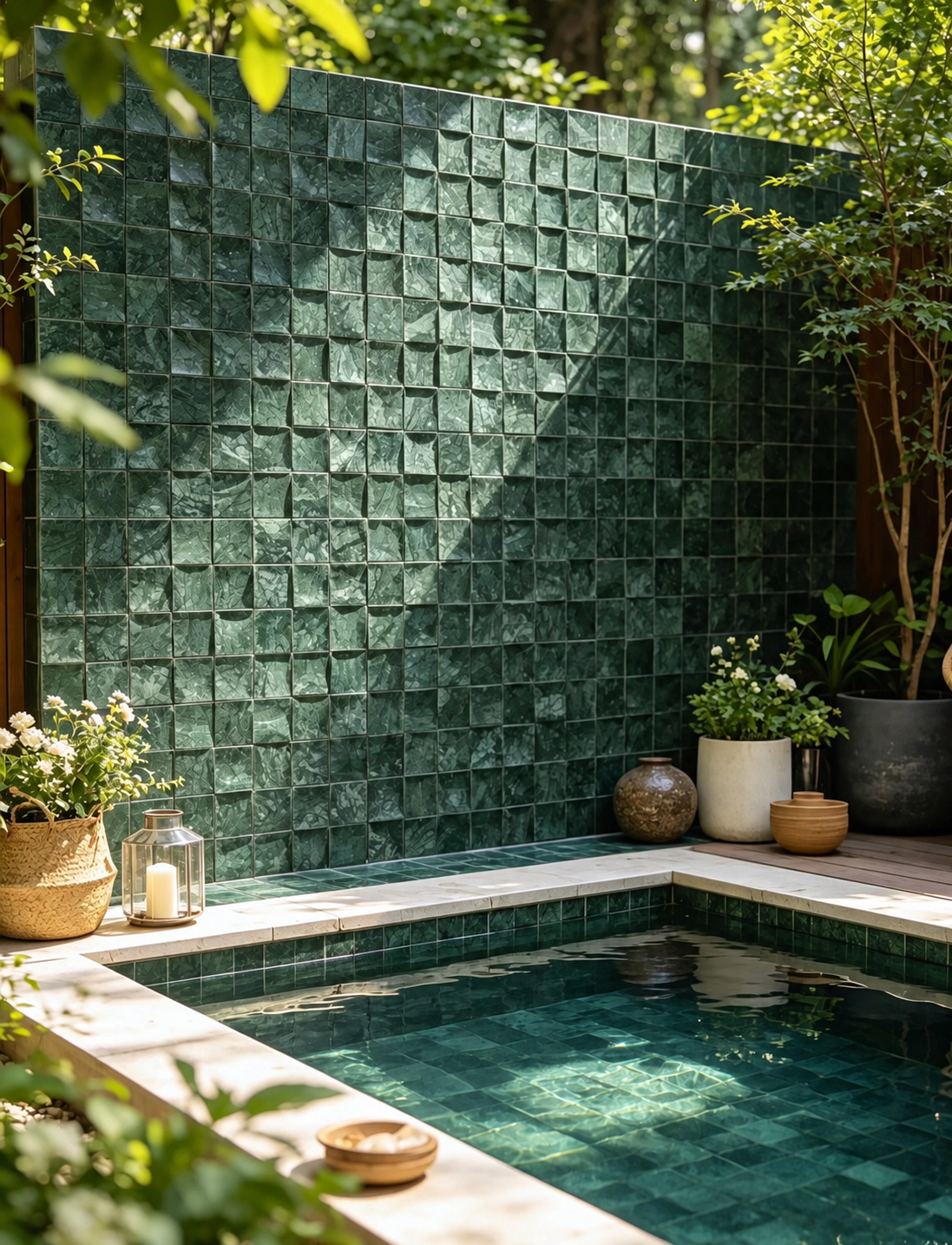 Dark green textured mosaic tile wall and matching tile pool deck in a landscaped outdoor patio setting with potted plants and natural foliage.
