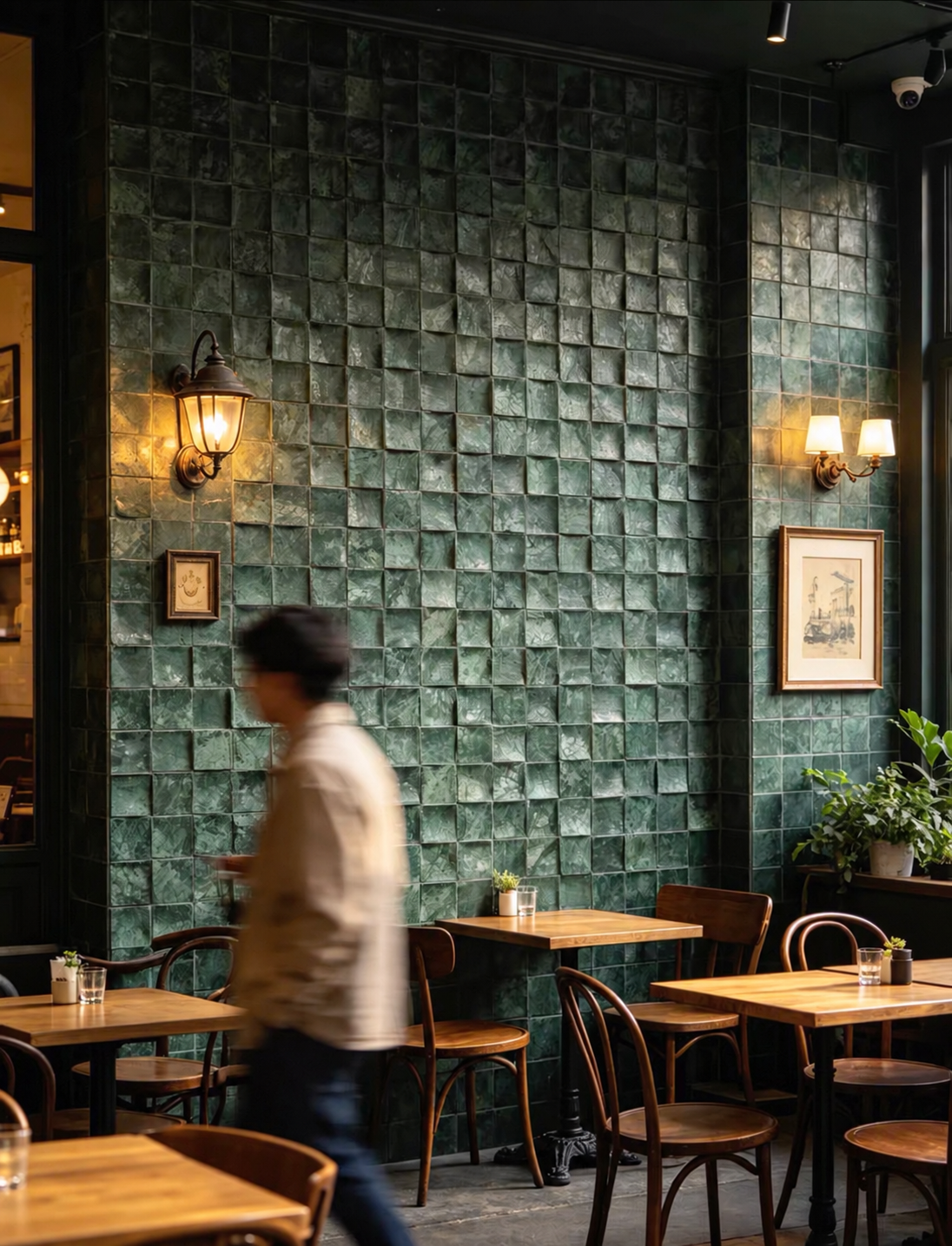 A restaurant interior with a dark green textured tiled wall, wooden tables and chairs, wall-mounted lamps, framed wall art, and a blurred person walking in the foreground.