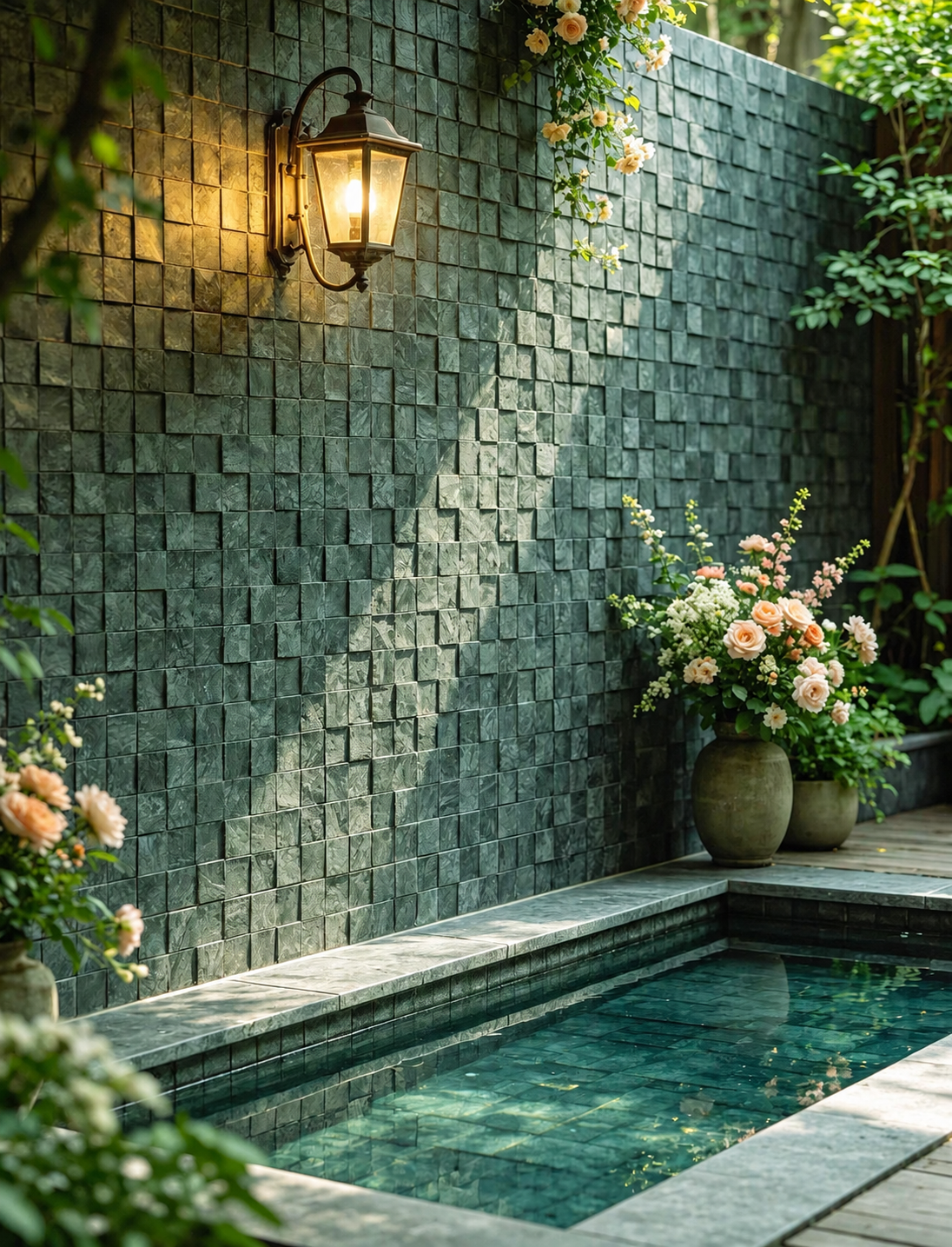 A luxury outdoor stone wall with a warm wall sconce, a small stone pool, and potted peach roses in a beautifully landscaped garden setting.