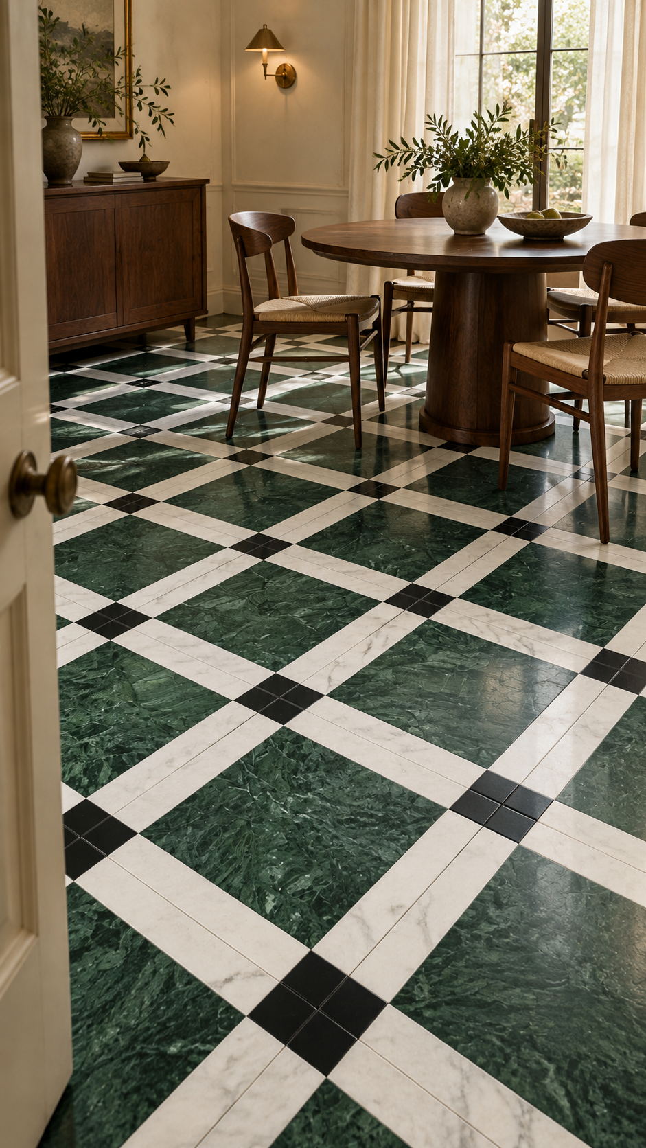A dining room interior with a large checkered floor made of dark green marble-look tiles, white marble-look tiles, and small black tiles. A round wooden dining table and wooden chairs are visible in the background near tall windows.