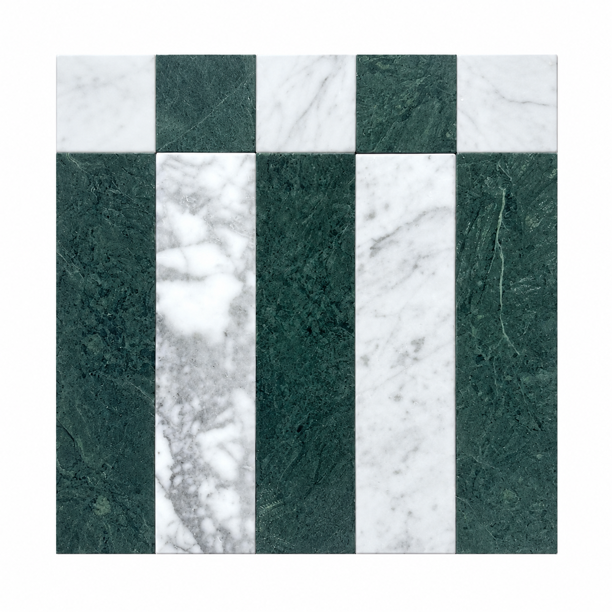 A square tile featuring a marble pattern with alternating vertical stripes of dark green stone and white marble with gray veining.