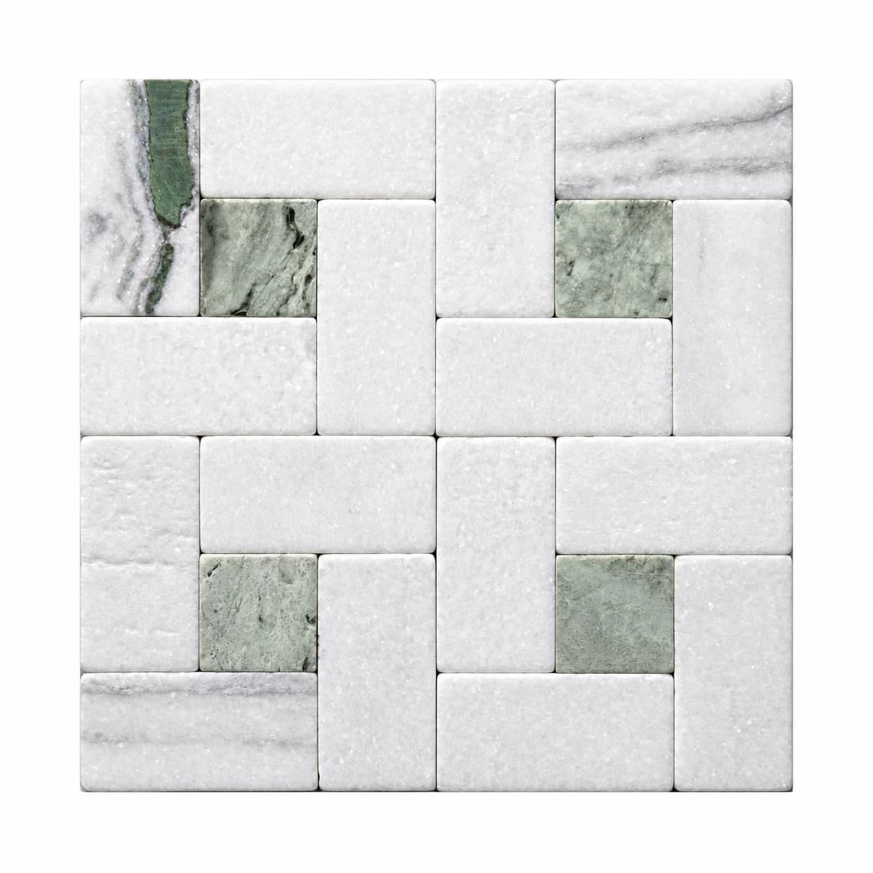 A square mosaic tile sheet featuring a basketweave pattern of white marble and sage green marble tiles.