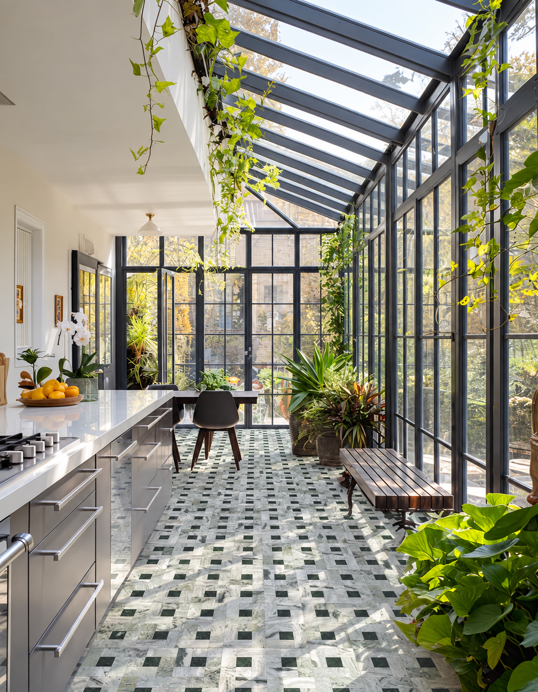 A bright modern kitchen and dining space inside a glass conservatory with a geometric black-and-white tile floor, white cabinetry, a wooden bench, and abundant green plants climbing along the glass walls and ceiling.