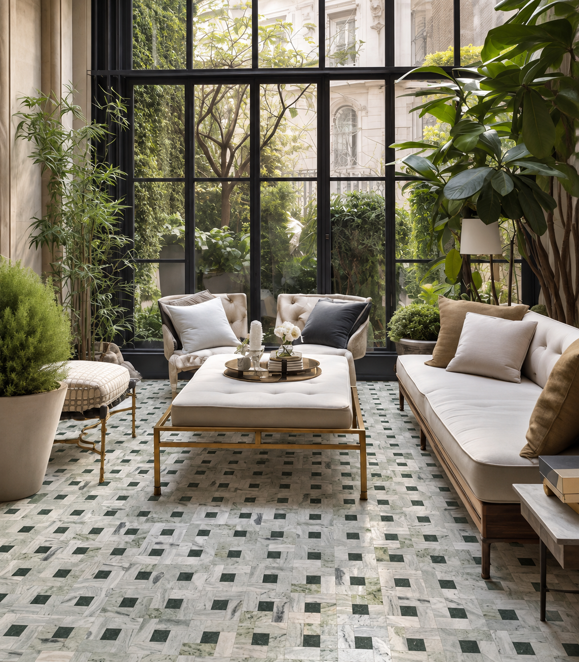 A luxury modern living room featuring a geometric patterned tile floor, a low gold-framed coffee table, tufted armchairs, and a long sofa with neutral cushions, all styled with potted plants in front of a large black-framed window.