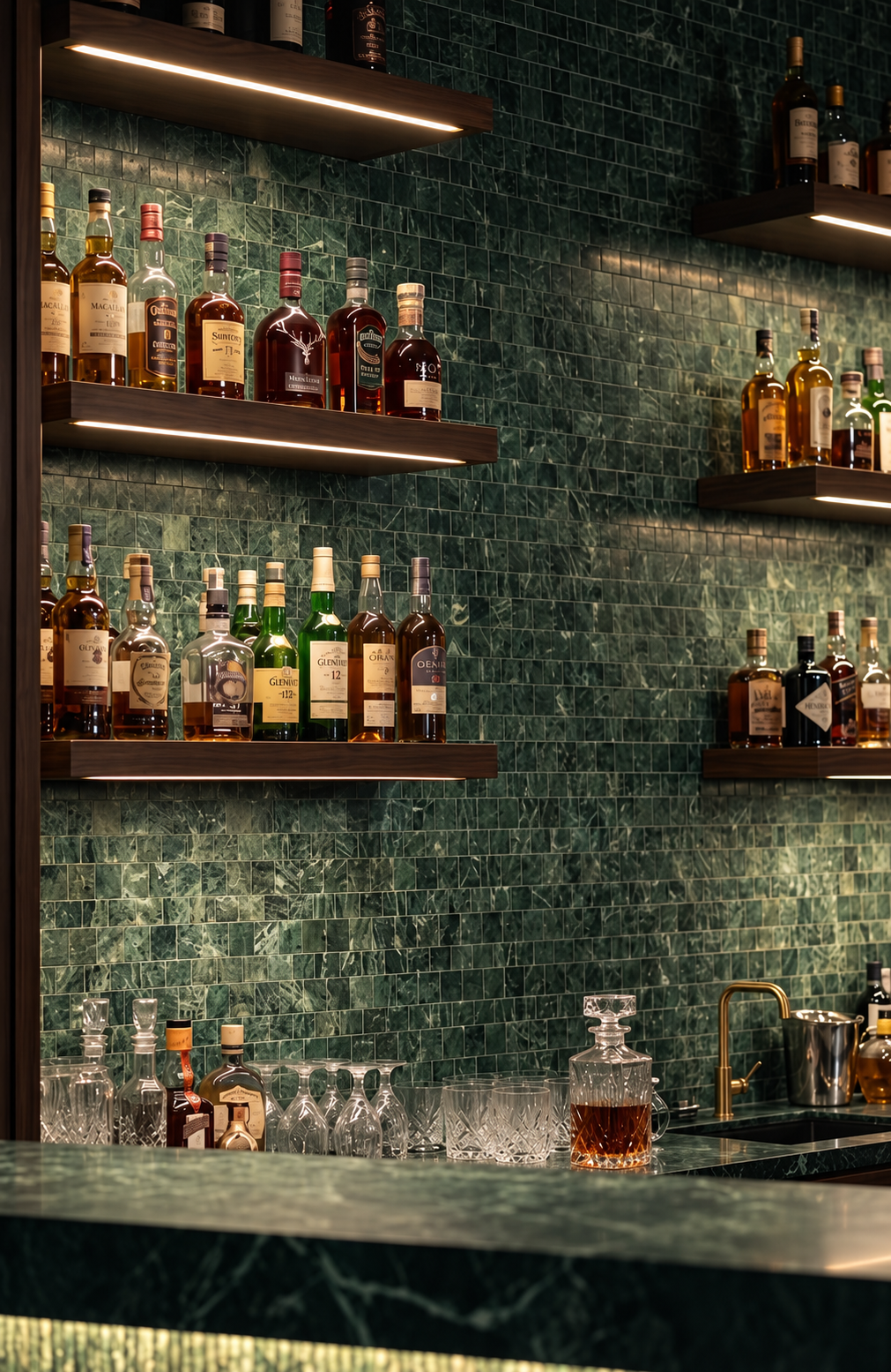 A modern bar interior with dark wood floating shelves holding assorted liquor bottles against a green marble tile backsplash. A matching green marble countertop is visible in the foreground, along with a decanter and bar glasses.