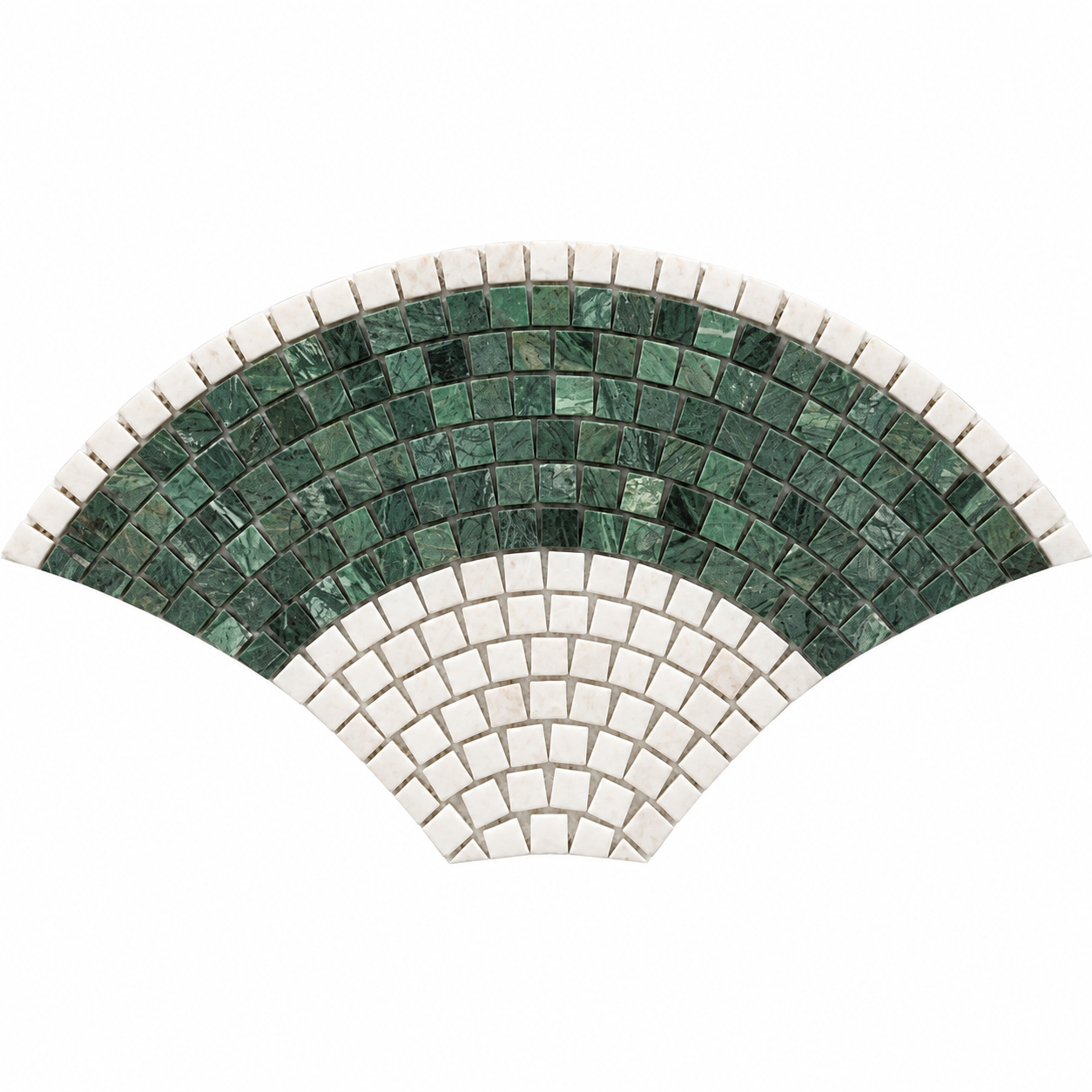 A semi-circular mosaic tile design featuring textured green marble tiles in the upper half and off-white rectangular tiles in the lower half, set against a plain white background.