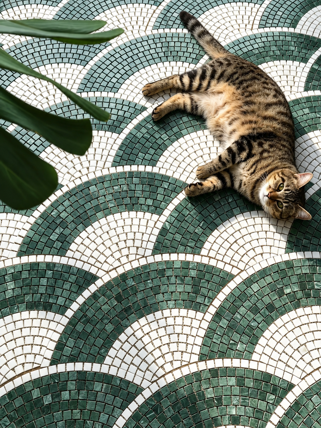 A brown tabby cat lies stretched out on a green and white geometric mosaic tile floor, with large green leaves entering from the top left corner.