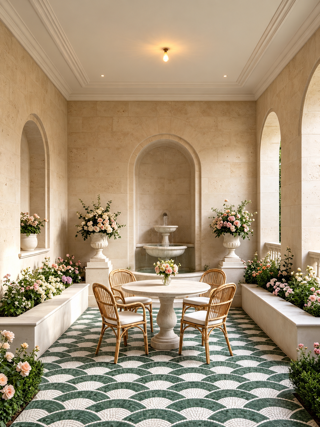 A luxurious indoor garden patio featuring a central round dining table with four woven rattan chairs, set on a green and white scallop-patterned tile floor. The space is framed by warm beige stone walls with arched niches, white flower vases, and lush pink and white floral arrangements.