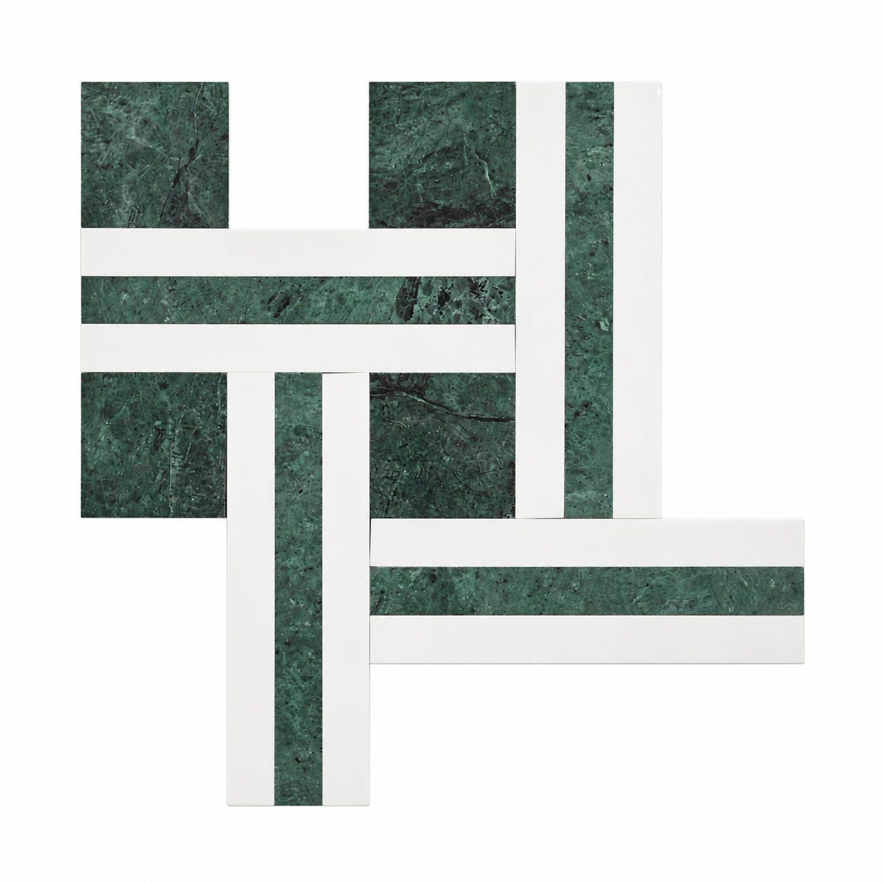 A set of geometric wall tiles arranged in an abstract pattern, featuring dark green marble-look sections with white borders and white horizontal stripes.