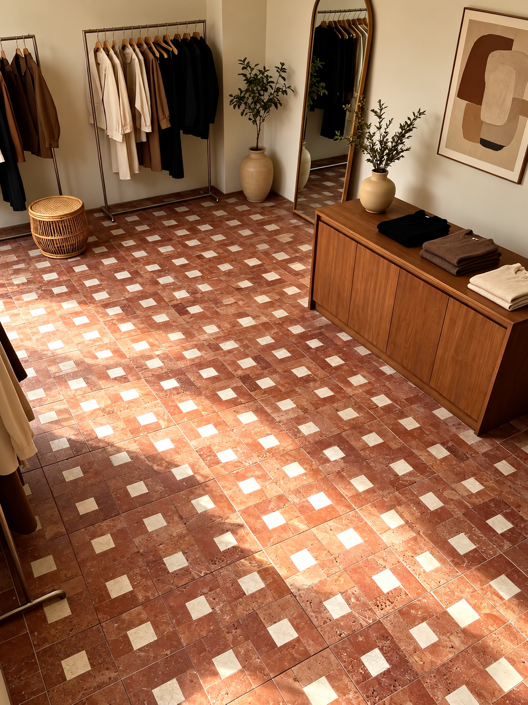 A styled boutique interior featuring terracotta-colored square floor tiles with a white diamond grid pattern, alongside wooden furniture, clothing racks, and potted plants.
