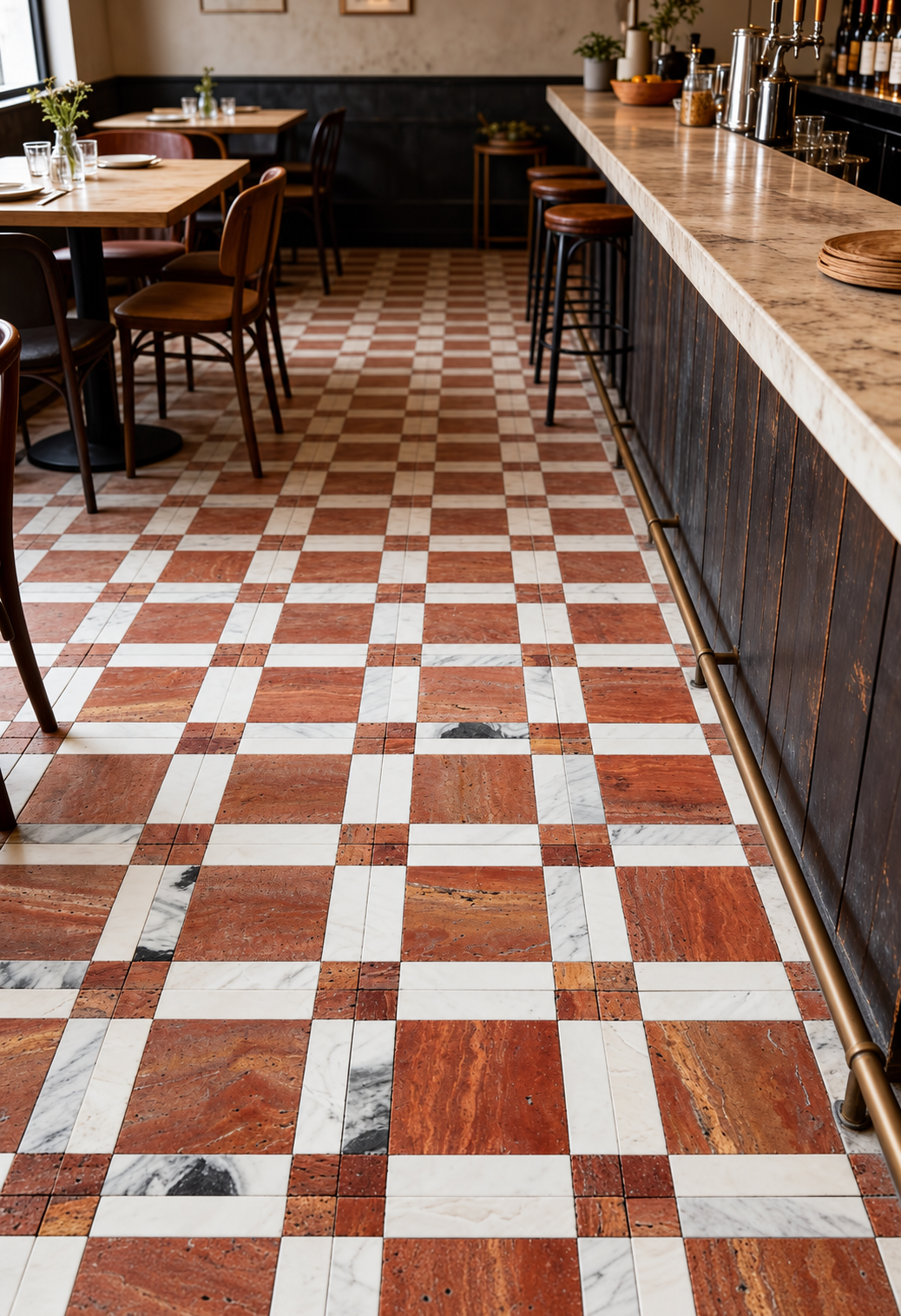 A checkered restaurant floor made of alternating reddish-brown wood and white marble tiles, with wooden tables and chairs on one side and a long bar counter on the other.