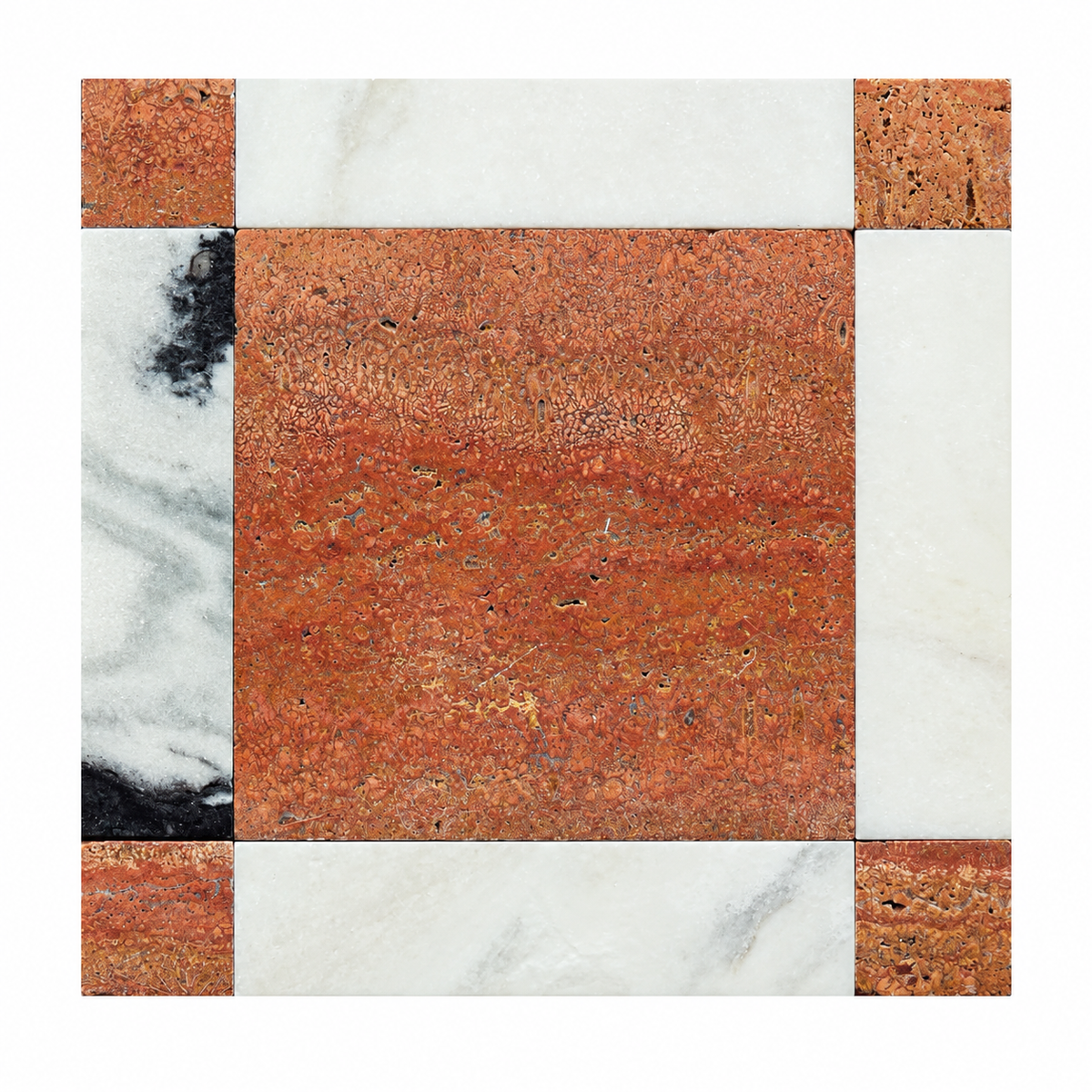 A square tile sample featuring a central rust-orange stone panel surrounded by white marble and smaller rust-orange stone corner tiles, shown on a white background.