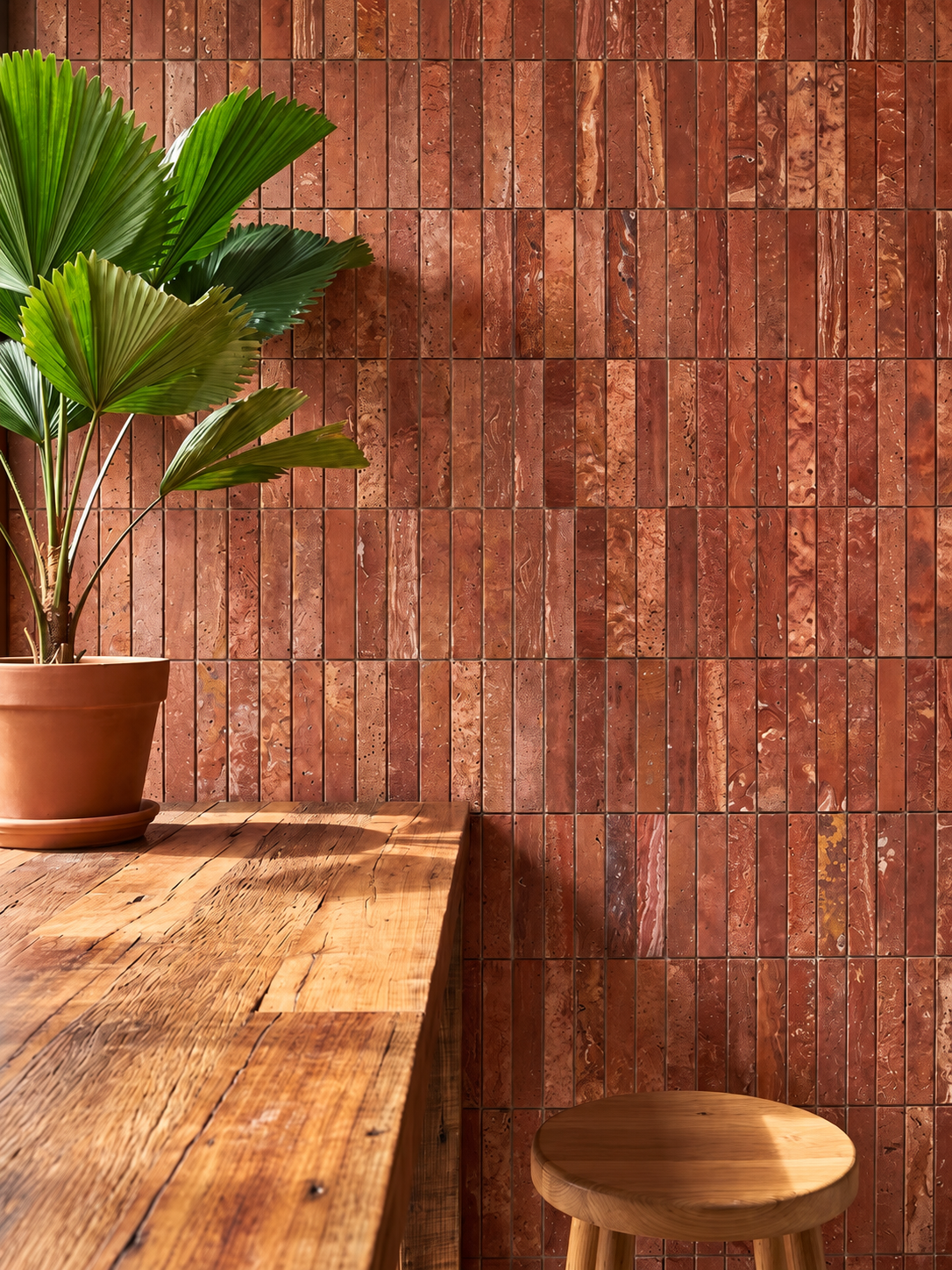 A styled interior scene featuring a wall covered in vertical reddish-brown wood-look tiles, a wooden table in the foreground, a potted green palm plant on the left, and a round wooden stool on the right.