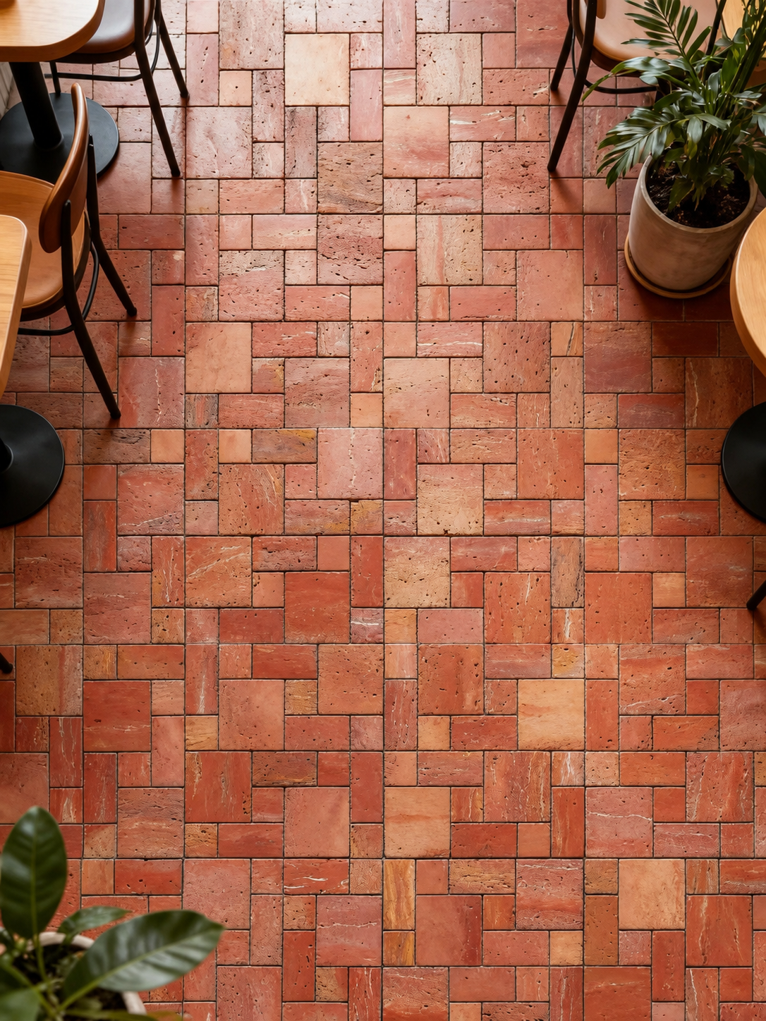Terracotta and reddish-brown stone pavers arranged in a herringbone pattern, shown from a top-down view in a cafe or restaurant setting with tables and chairs partially visible around the edges.