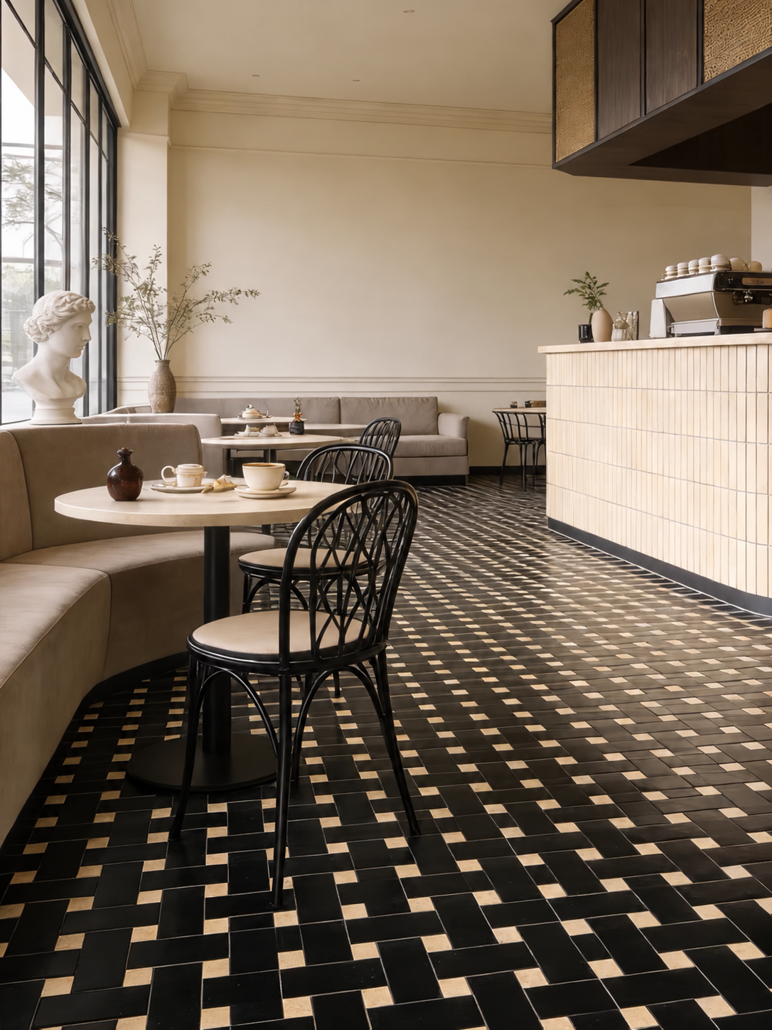 A modern interior space with a black and beige checkered tile floor, featuring a curved beige banquette, round tables, black wire chairs, and a tiled counter in the background.