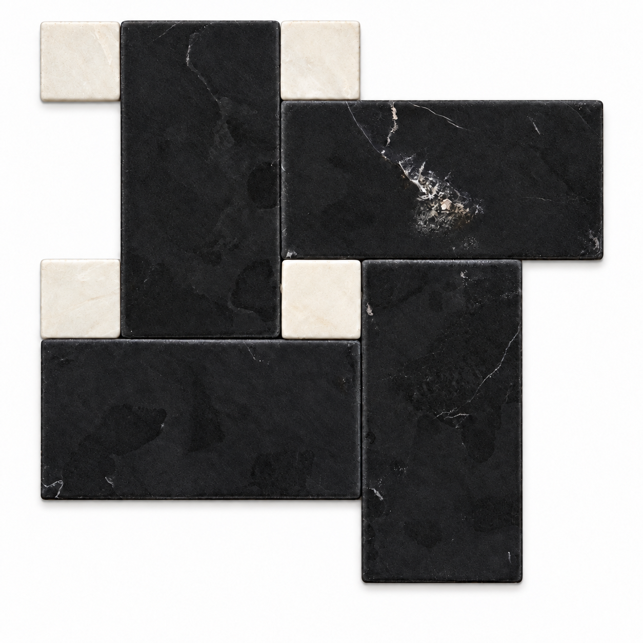 Black marble rectangular mosaic tiles arranged in a geometric pattern with small off-white square accent tiles on a white background.