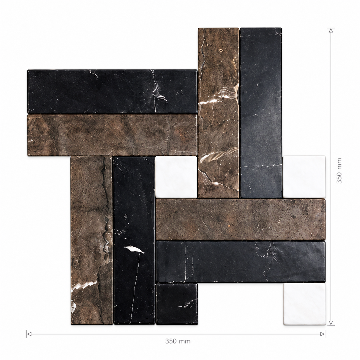 A layout diagram of rectangular stone tiles in black and brown marble patterns, with dimension markers showing a 350 mm by 350 mm size on a white background.