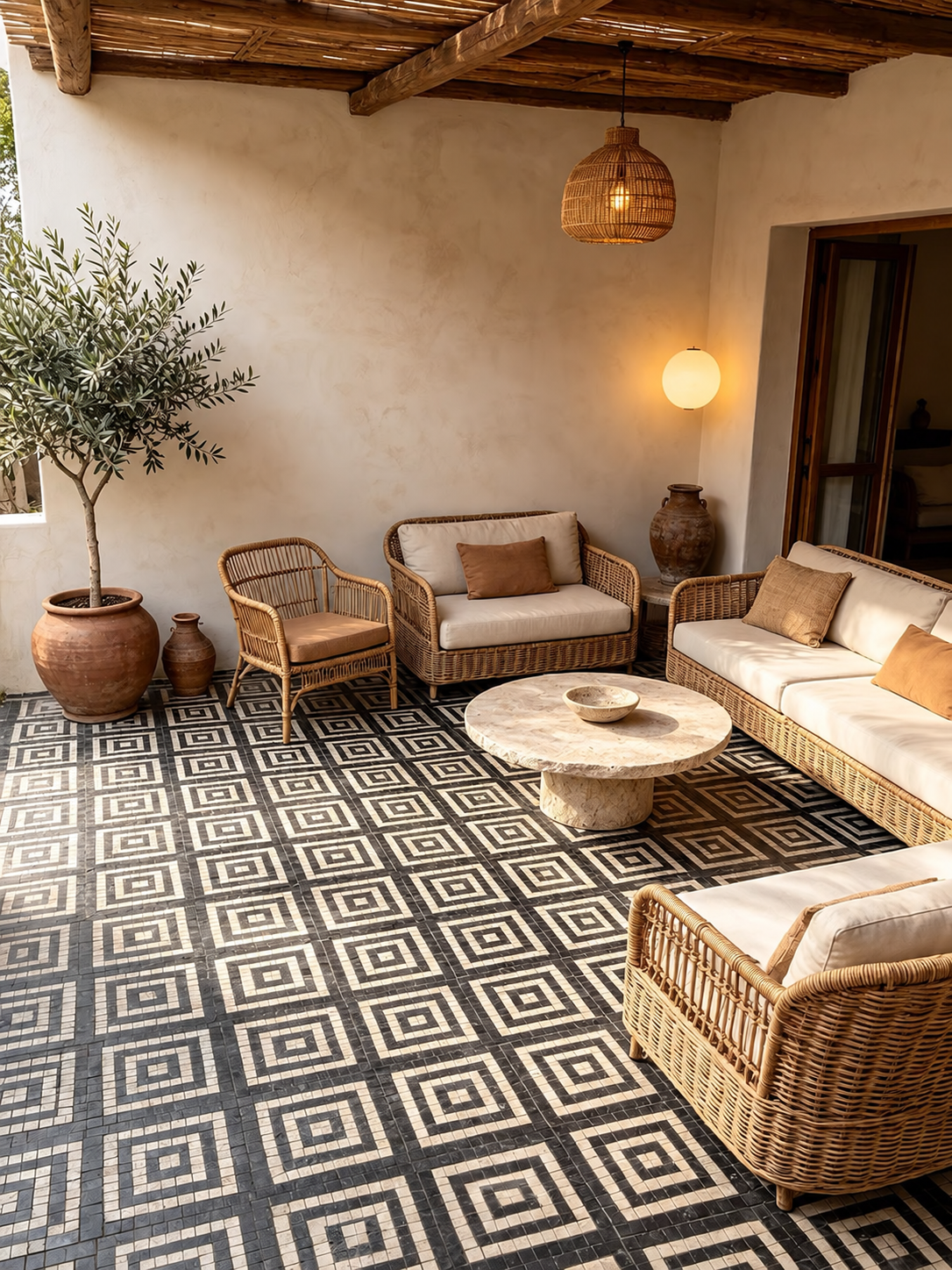 A styled outdoor patio seating area with woven wicker furniture, cream cushions, a round stone coffee table, a potted olive tree, and a bold black-and-beige geometric patterned rug under a rustic wooden ceiling.