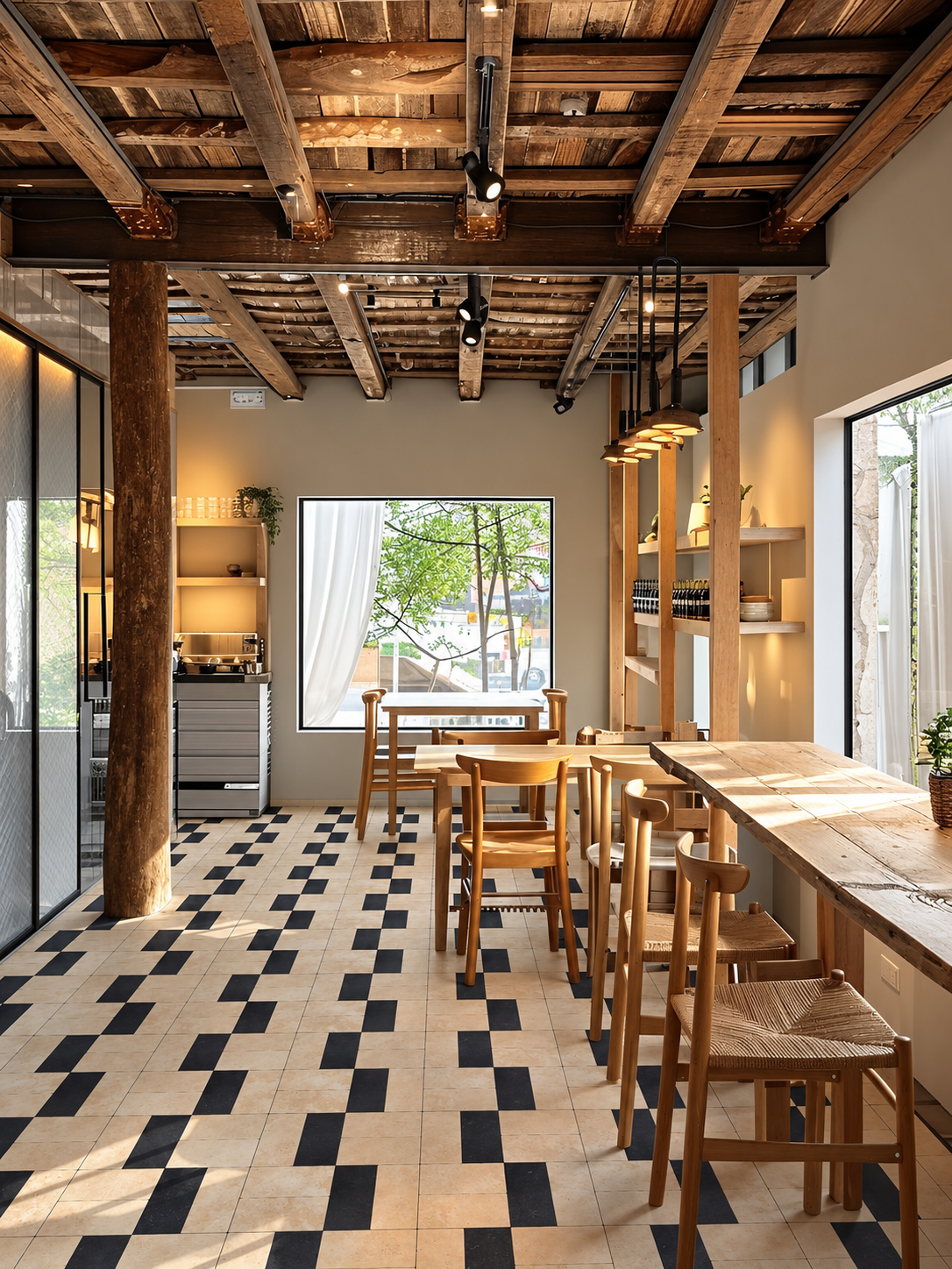 A bright, modern dining area with a long wooden table and chairs, set in a room with exposed wooden ceiling beams, a black and beige checkered tile floor, and large windows.