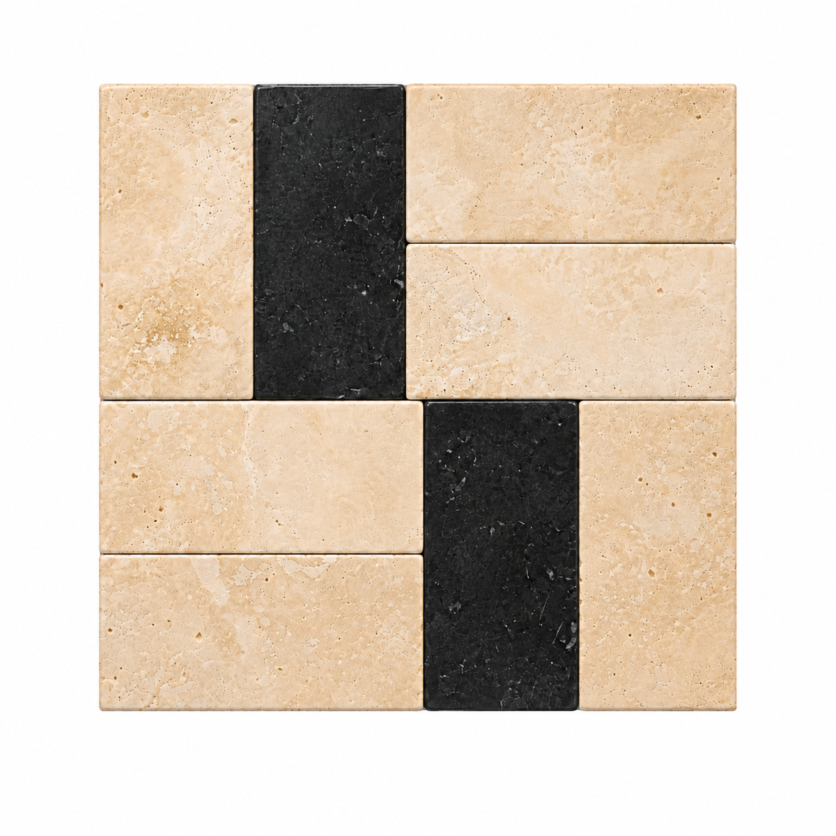 A square tile sample featuring a geometric pattern of light beige travertine and black marble rectangular tiles on a white background.