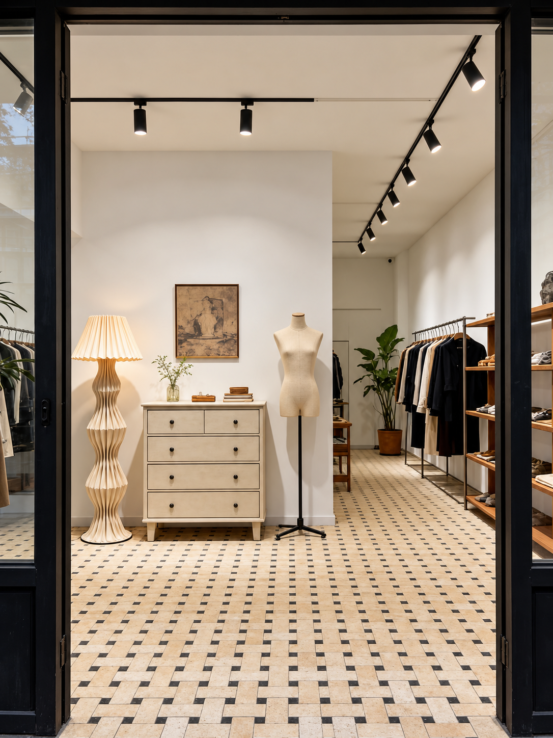 A boutique interior viewed through black-framed glass doors, featuring a black-and-white checkered floor, a cream dresser, a ribbed cream floor lamp, a mannequin, and clothing racks with garments in the background.