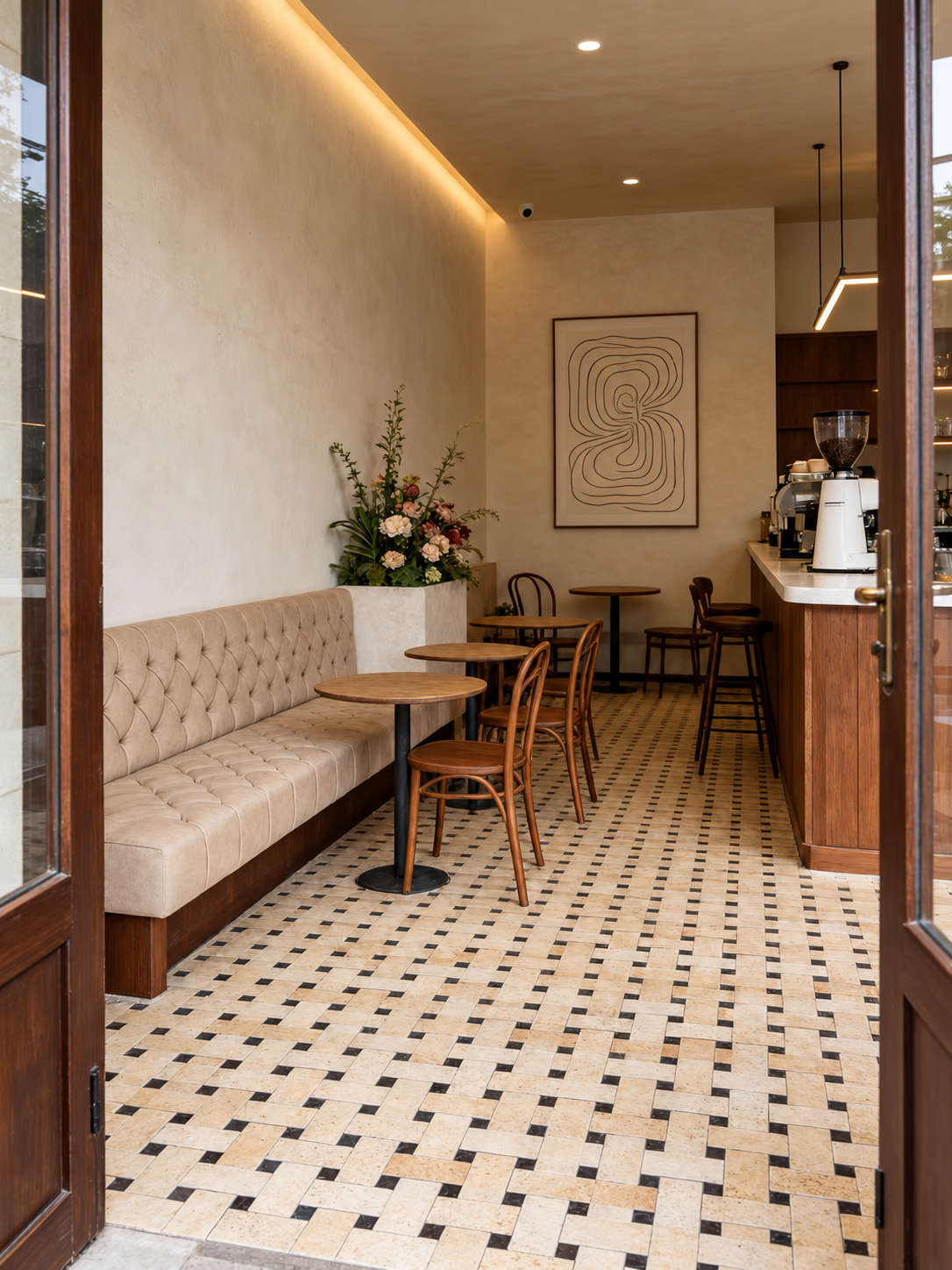 A cozy cafe interior with a tufted beige bench, wooden chairs, checkered cream and black floor tiles, and a wood counter in the background.