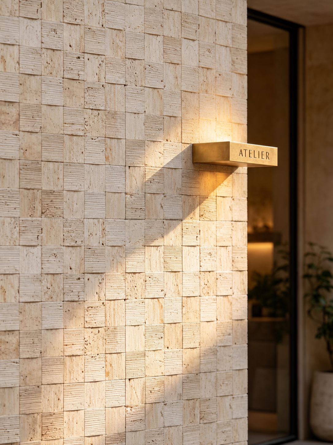 A modern rectangular wall sconce with a warm gold finish, mounted on a textured beige stone tile wall. The sconce is illuminated, casting a soft glow and a long shadow, with the word 'ATELIER' engraved on its side.
