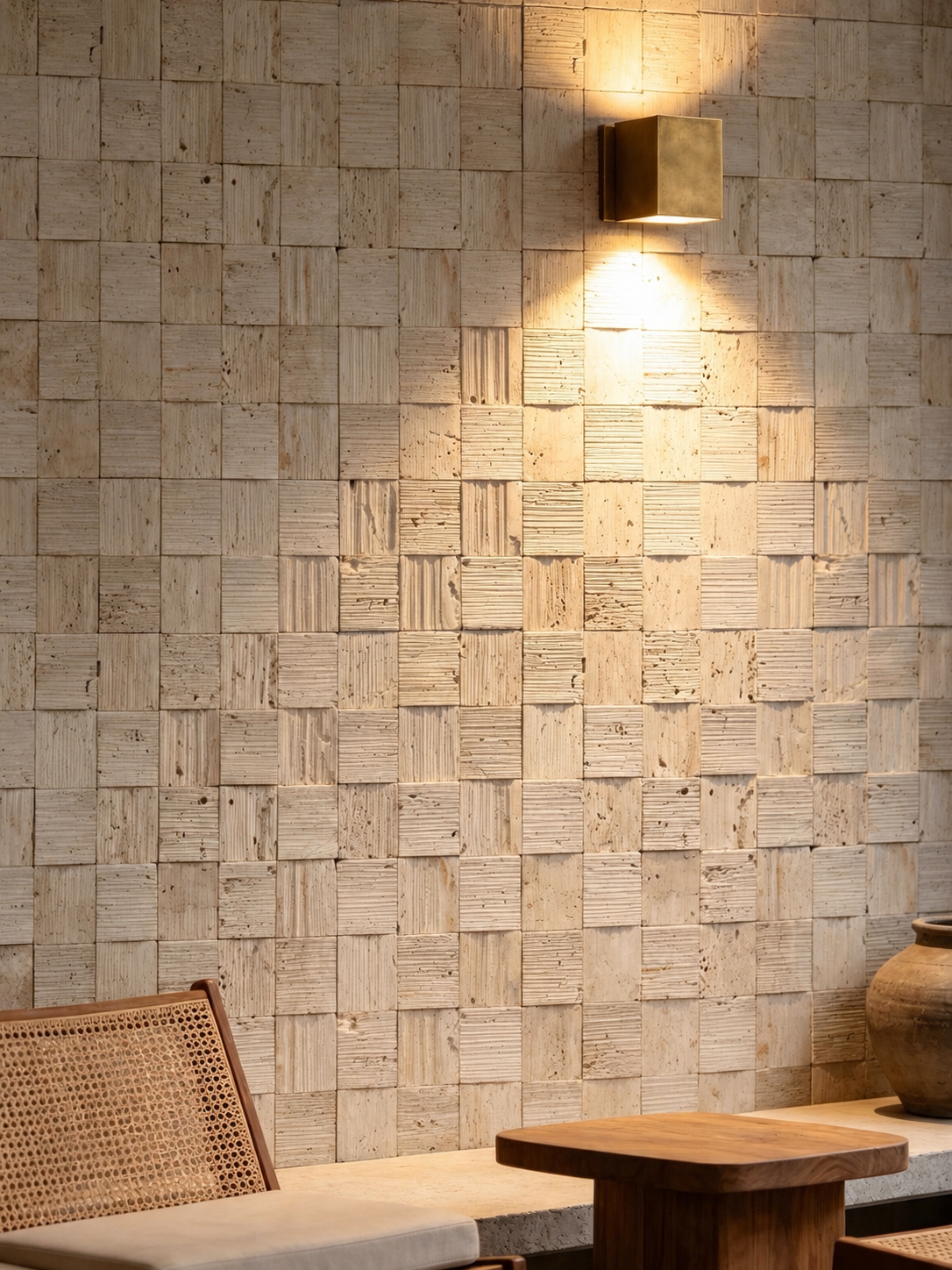 A warm brass wall sconce mounted on a textured beige stone tile wall, casting a soft glow above a wooden table and woven-back chair in a modern interior setting.