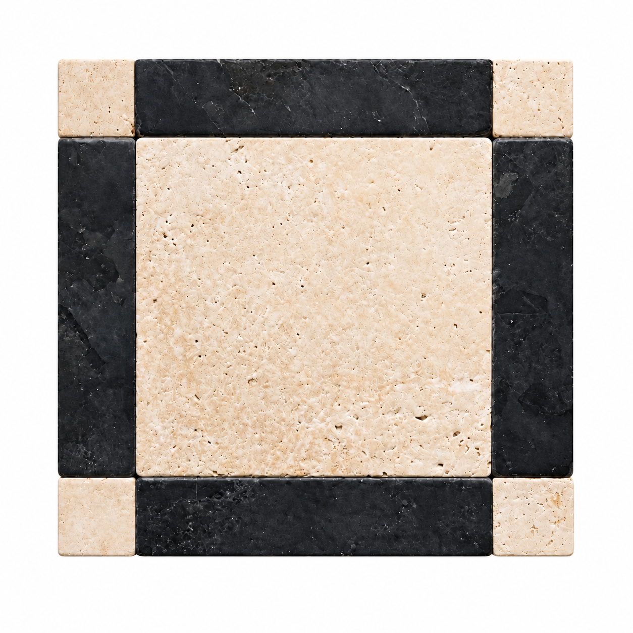 A square stone tile sample featuring a large central beige travertine panel surrounded by a border of black marble and smaller beige stone corners, shown on a plain white background.