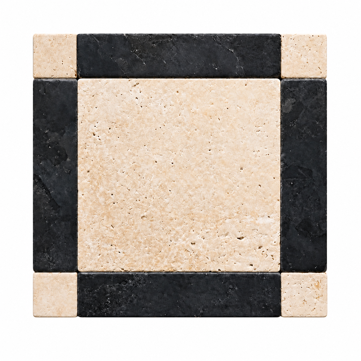 A square stone tile sample featuring a large central beige travertine panel surrounded by a border of black marble and smaller beige stone corners, shown on a plain white background.