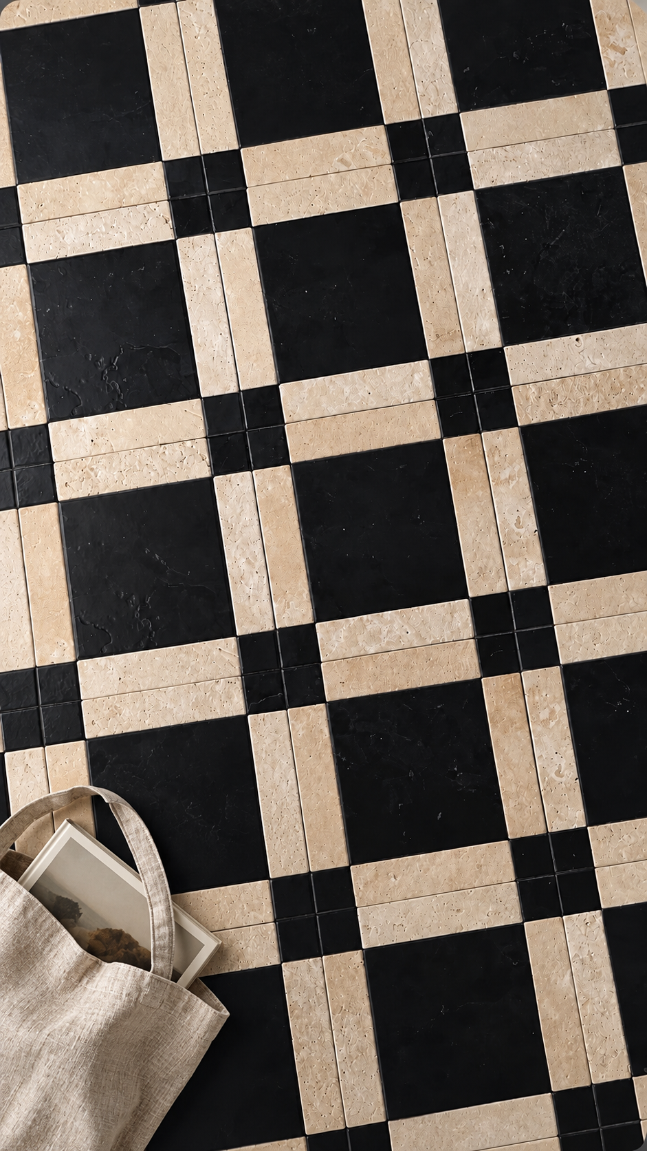 Black and beige checkered tile floor with a beige canvas tote bag in the lower-left corner.