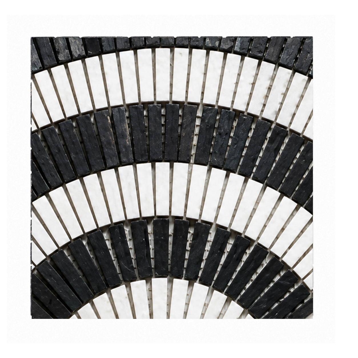 A square black and white mosaic tile sample featuring concentric arches of black rectangular tiles and white oval tiles separated by thin gray radiating lines, centered on a white background.