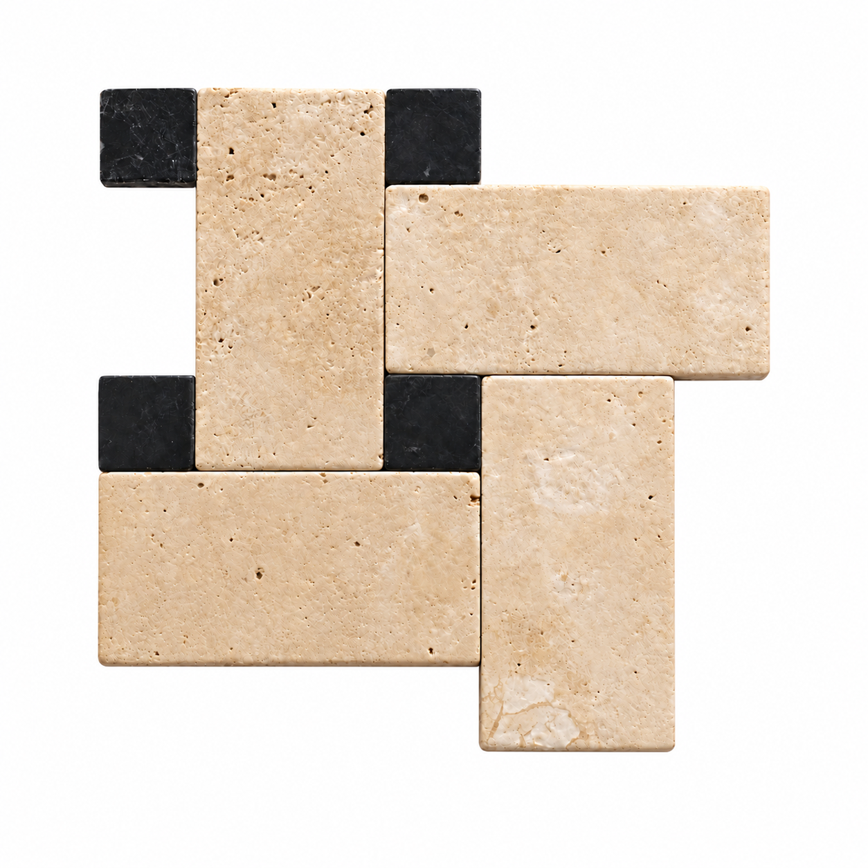 A geometric mosaic tile arrangement featuring light beige travertine-style rectangular tiles and four small black square accent tiles, shown on a plain white background.