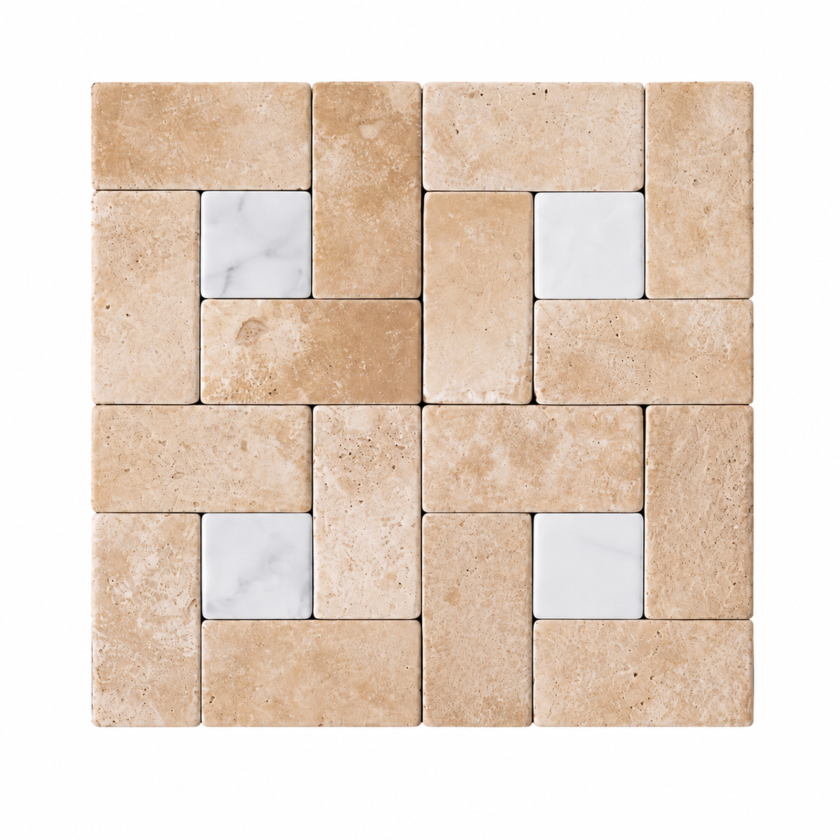 A square mosaic tile sample featuring a woven pattern of warm beige travertine and white marble tiles on a plain white background.
