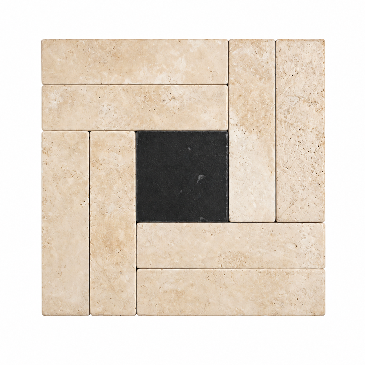 A square tile sample featuring a geometric pattern with light beige travertine-like rectangular tiles surrounding a central black square tile, shown on a plain white background.
