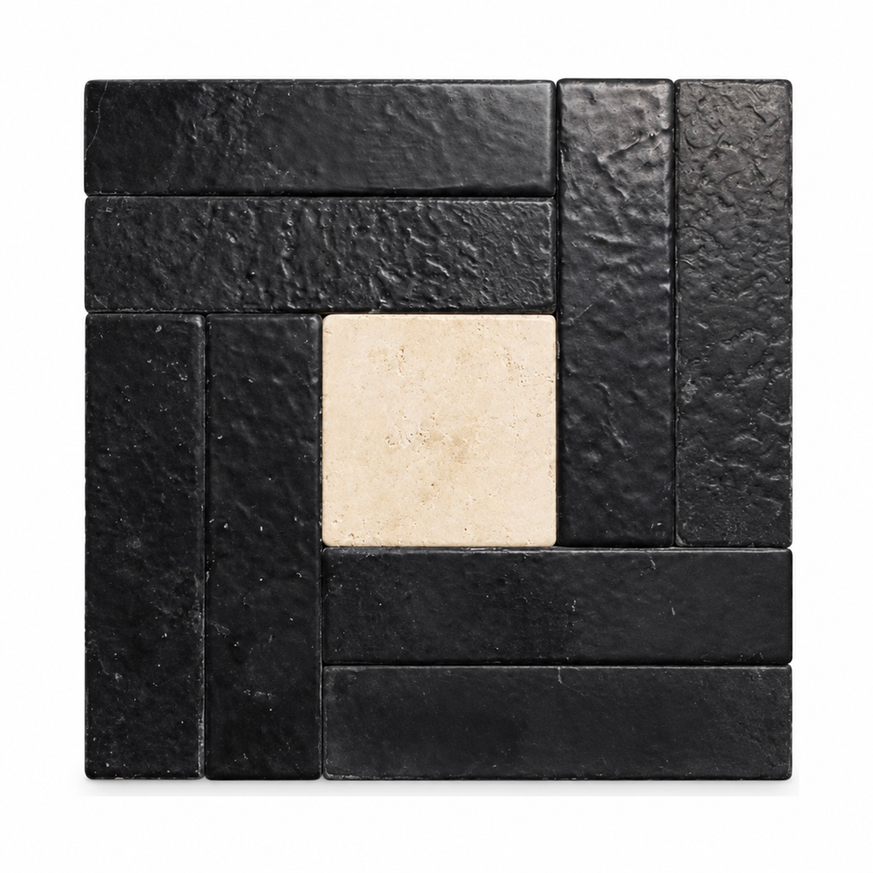 A square tile sample featuring a geometric layout of textured black rectangular tiles surrounding a central square beige tile, set against a plain white background.