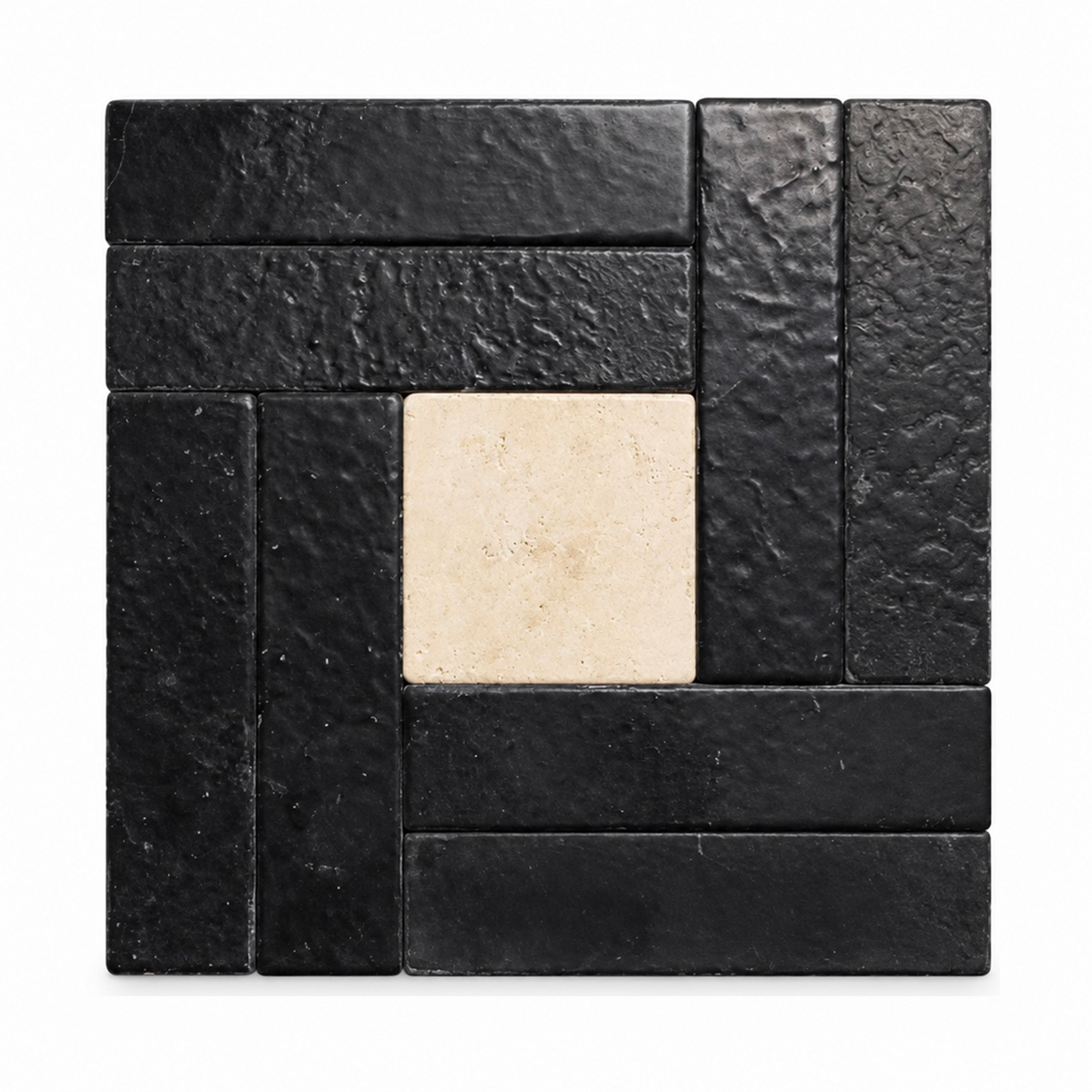 A square tile sample featuring a geometric layout of textured black rectangular tiles surrounding a central square beige tile, set against a plain white background.