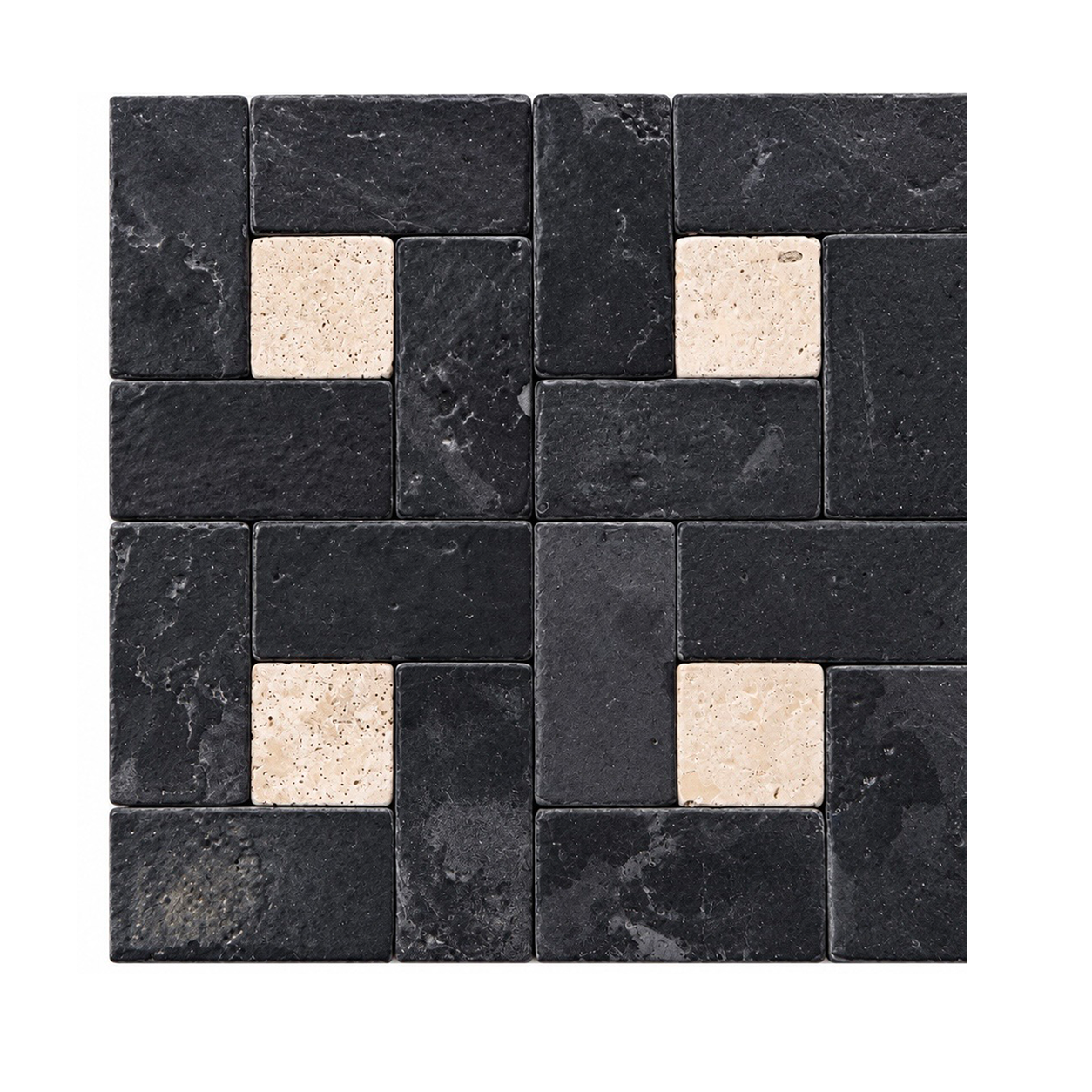 A square sample of black stone mosaic tiles with a woven basket-weave pattern, featuring four light beige stone accents in the center of each quadrant.