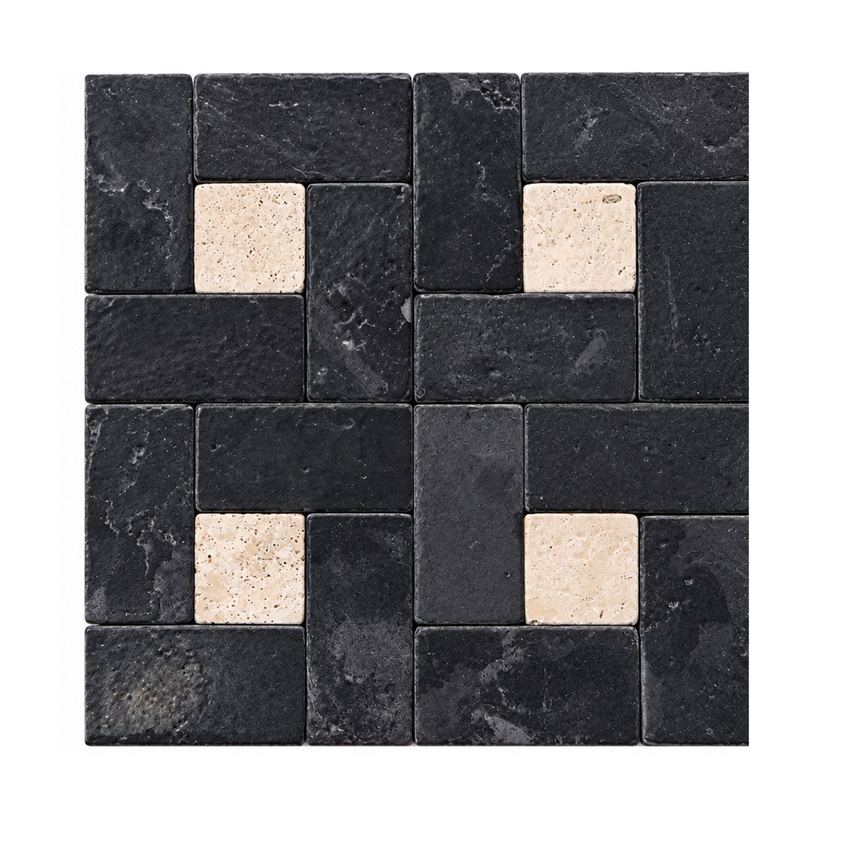 A square sample of black stone mosaic tiles with a woven basket-weave pattern, featuring four light beige stone accents in the center of each quadrant.