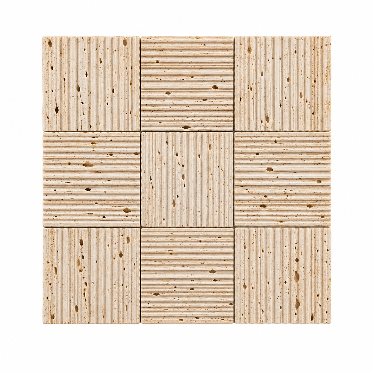 Nine square travertine stone tiles arranged in a 3x3 grid, showcasing natural beige and cream tones with characteristic horizontal and vertical grooves and small brown veining, set against a solid white background.